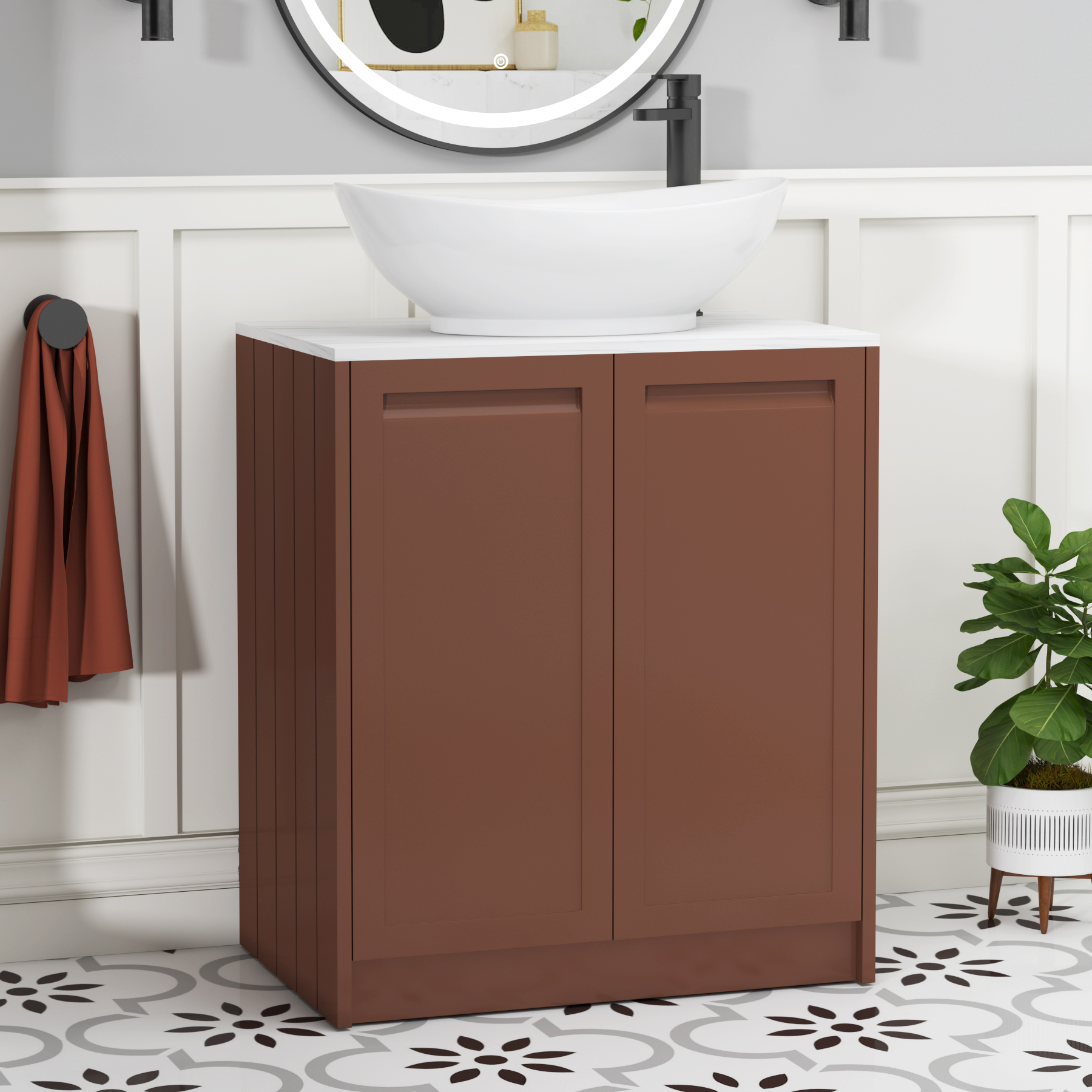 Elmore Terracotta Clay 2 Door Floor Standing Vanity Unit with Carrara White Worktop & Various Countertop Basins