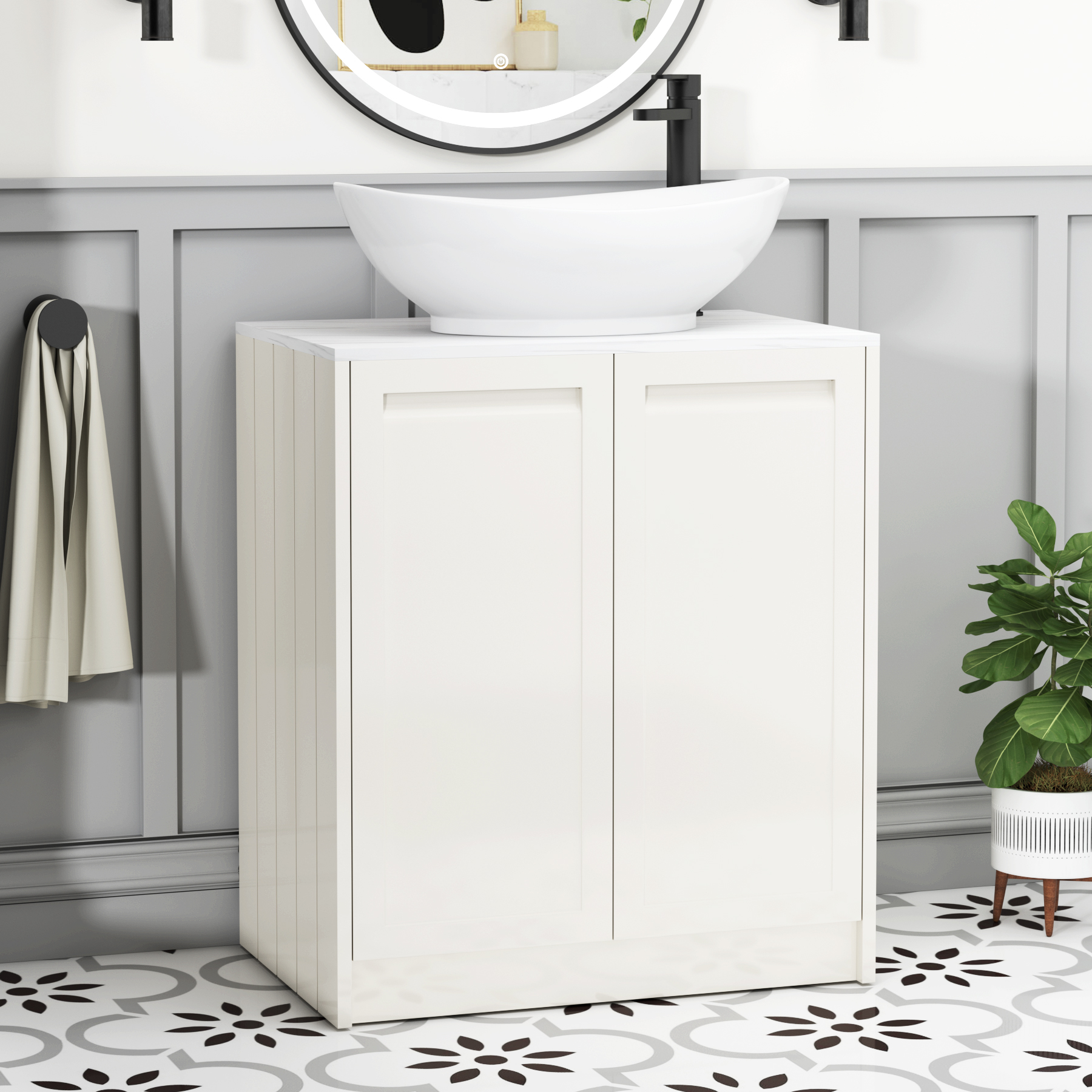 Elmore Classic White 2 Door Floor Standing Vanity Unit with Carrara White Worktop & Various Countertop Basins
