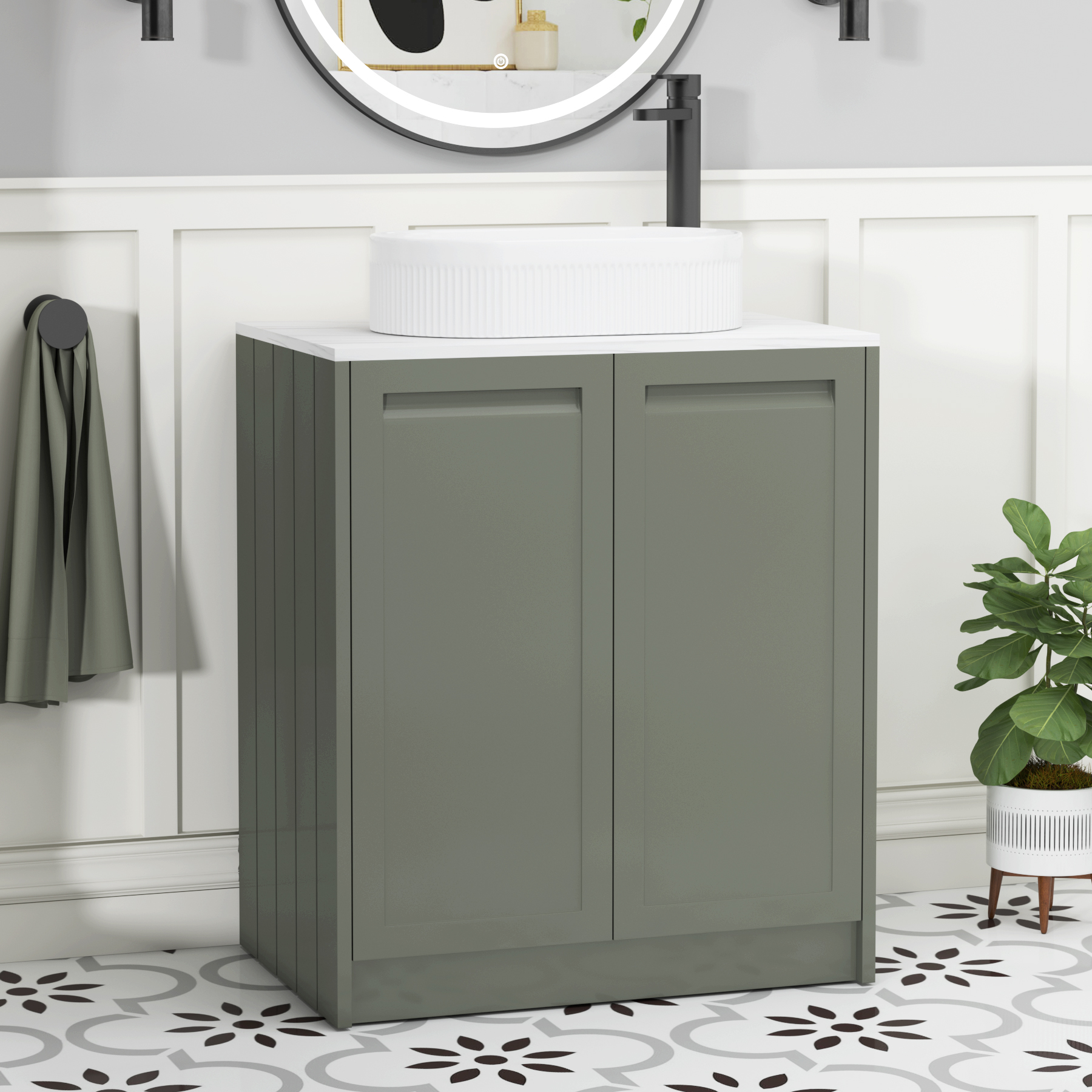 Elmore Matt Green 2 Door Floor Standing Vanity Unit with Carrara White Worktop & Various Countertop Basins