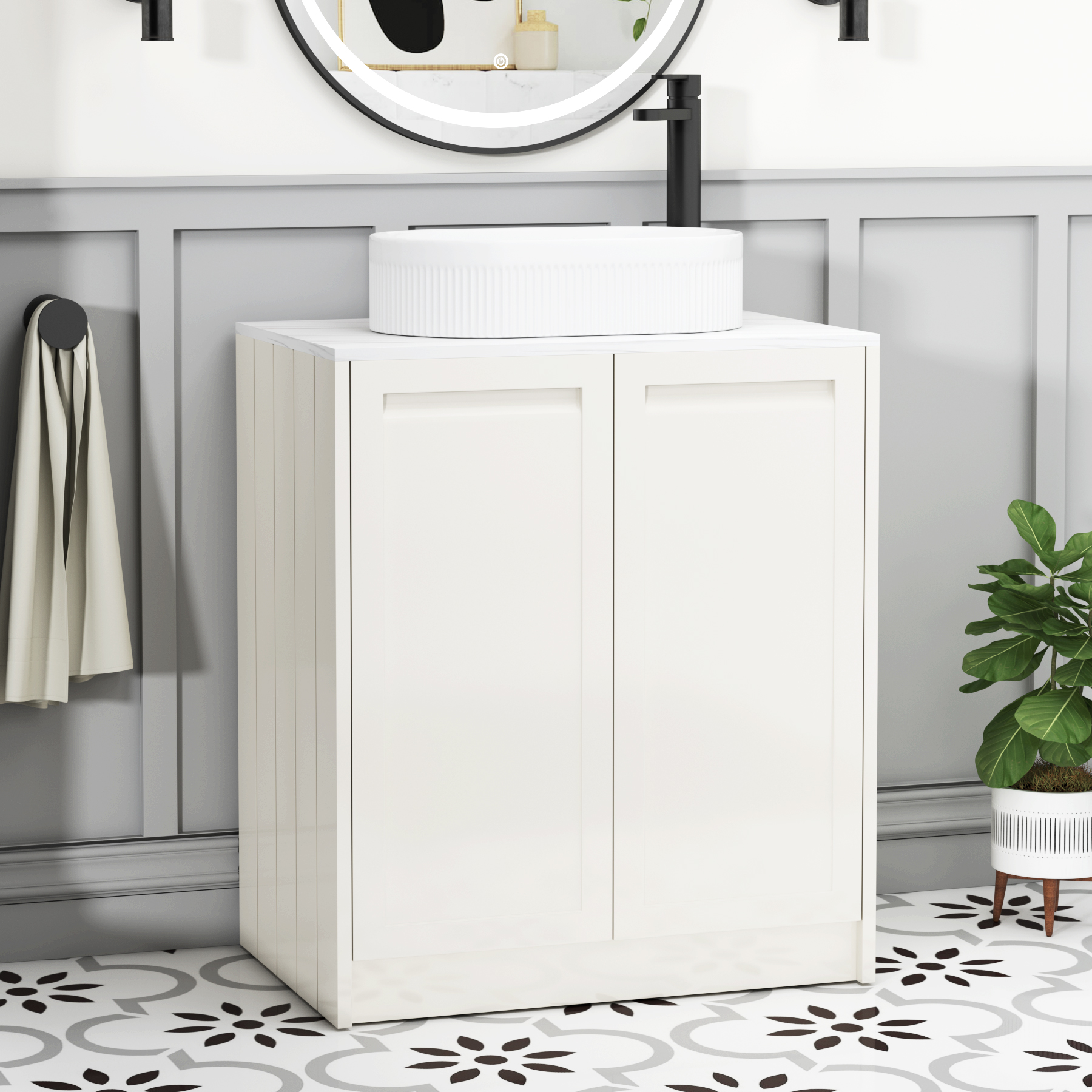 Elmore Classic White 2 Door Floor Standing Vanity Unit with Carrara White Worktop & Various Countertop Basins