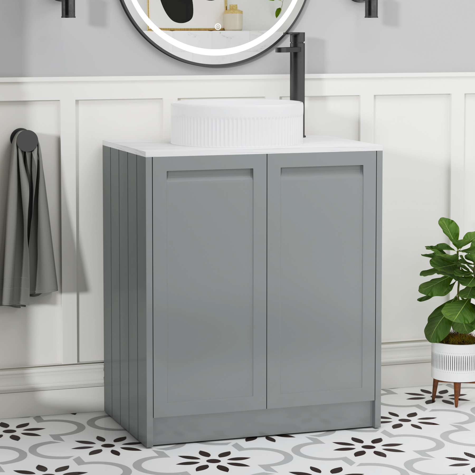 Elmore Matt Pebble Grey 2 Door Floor Standing Vanity Unit with Carrara White Worktop & Various Countertop Basins