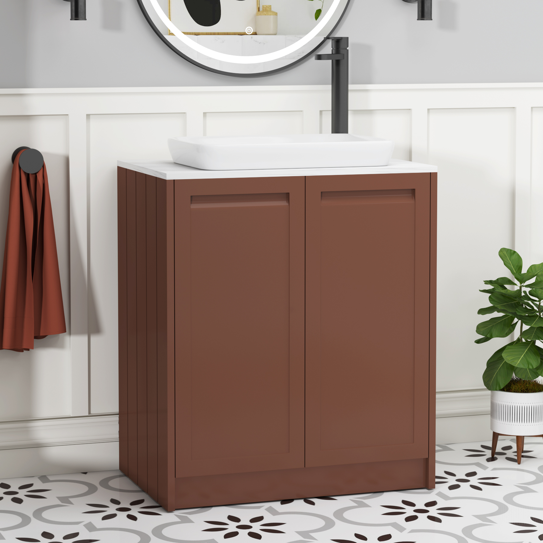 Elmore Terracotta Clay 2 Door Floor Standing Vanity Unit with Carrara White Worktop & Various Countertop Basins
