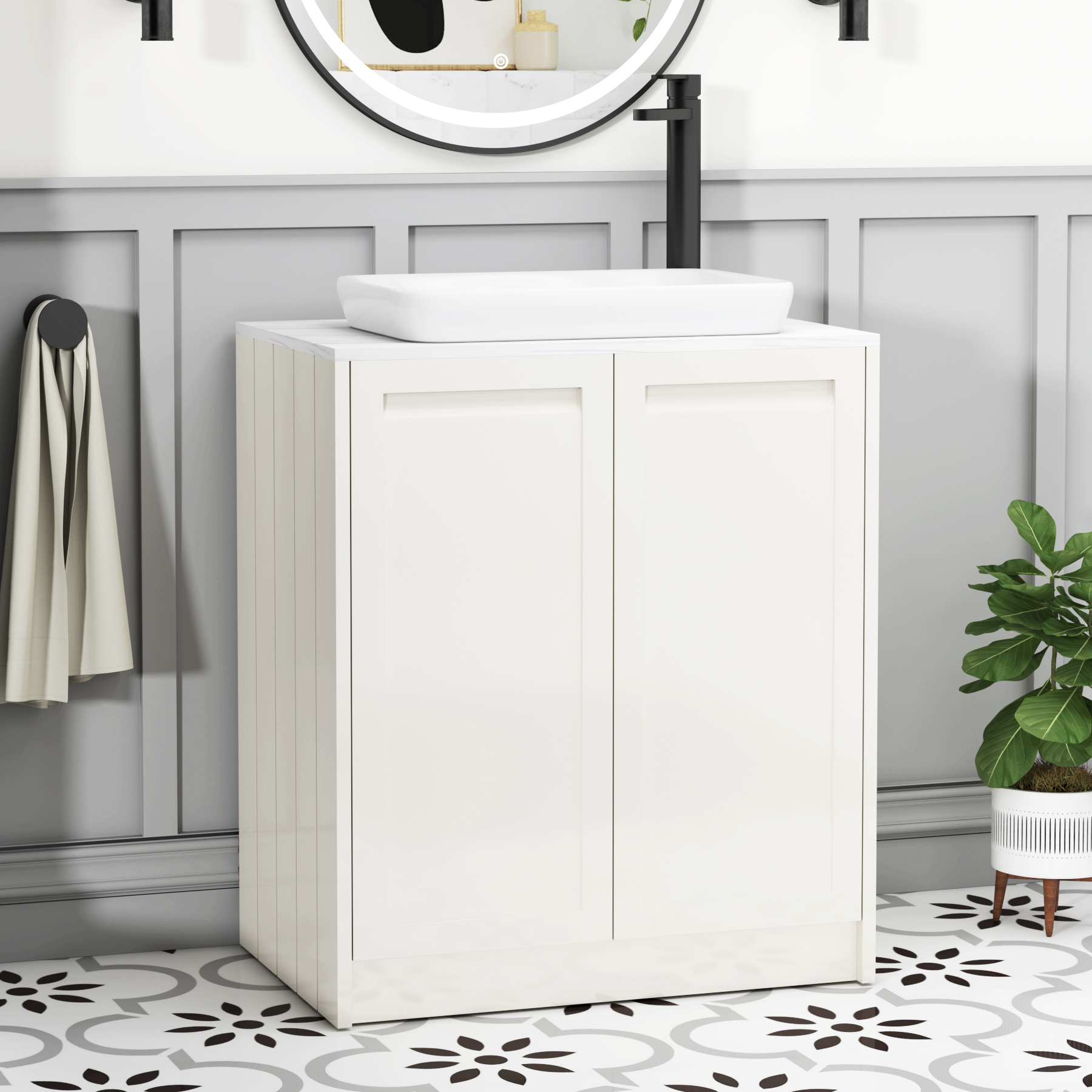 Elmore Classic White 2 Door Floor Standing Vanity Unit with Carrara White Worktop & Various Countertop Basins