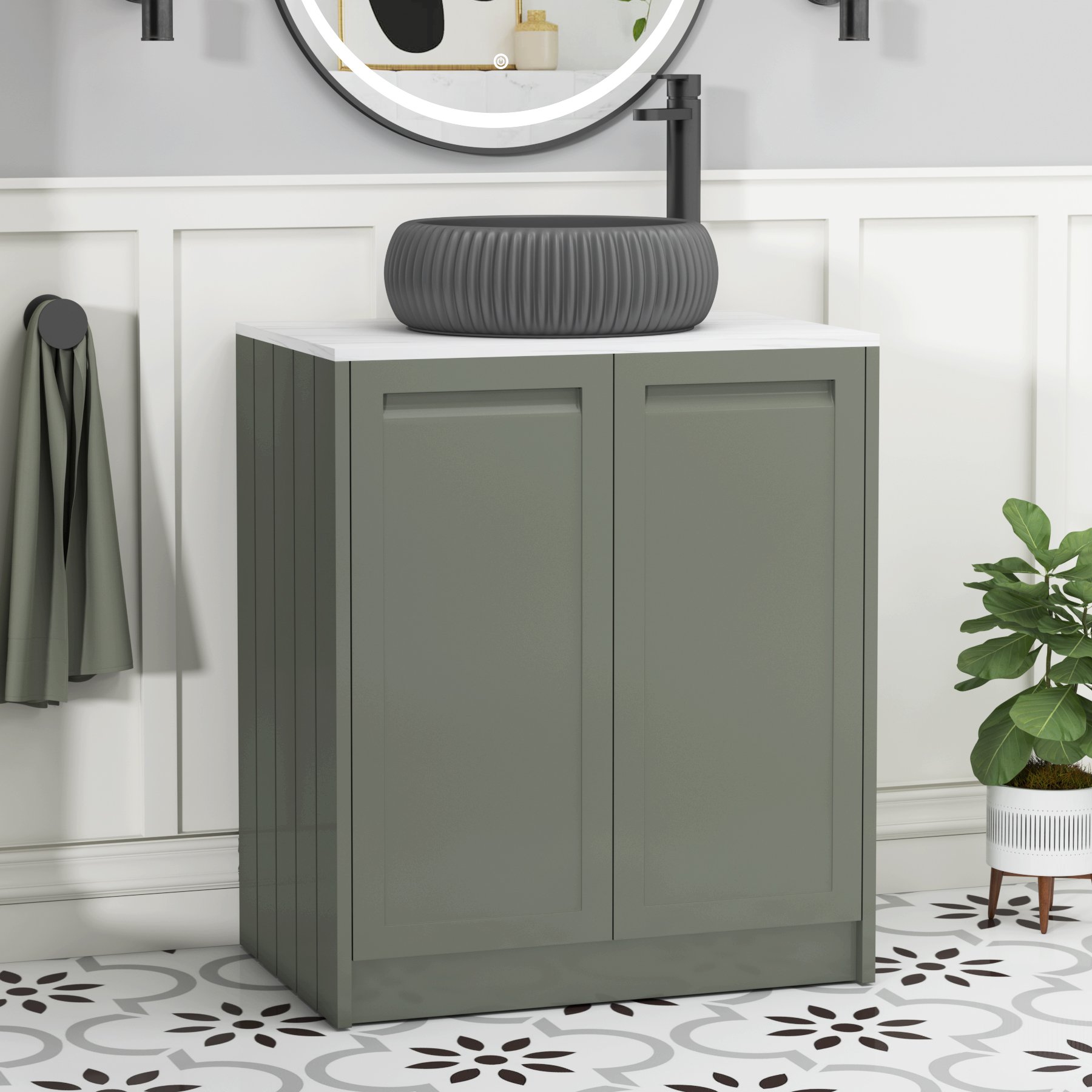 Elmore Matt Green 2 Door Floor Standing Vanity Unit with Carrara White Worktop & Various Countertop Basins