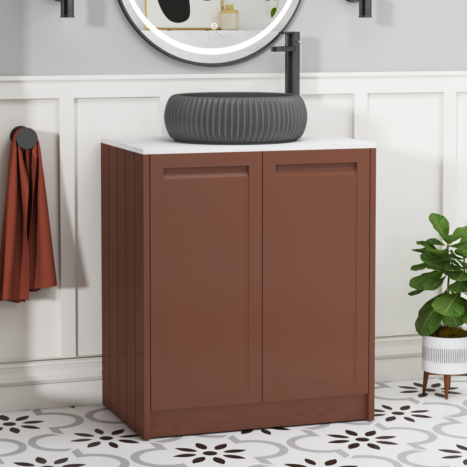 Elmore Terracotta Clay 2 Door Floor Standing Vanity Unit with Carrara White Worktop & Various Countertop Basins