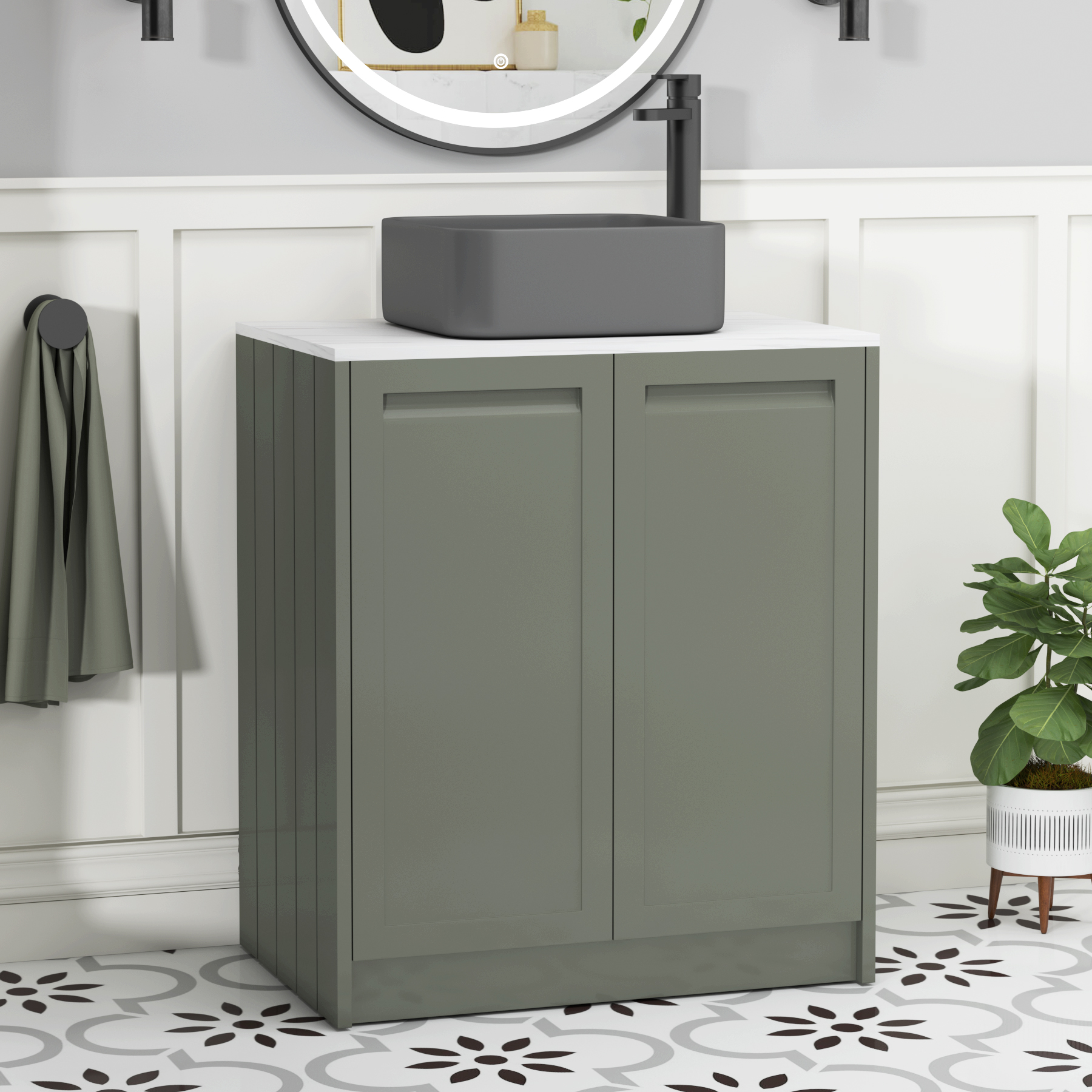 Elmore Matt Green 2 Door Floor Standing Vanity Unit with Carrara White Worktop & Various Countertop Basins
