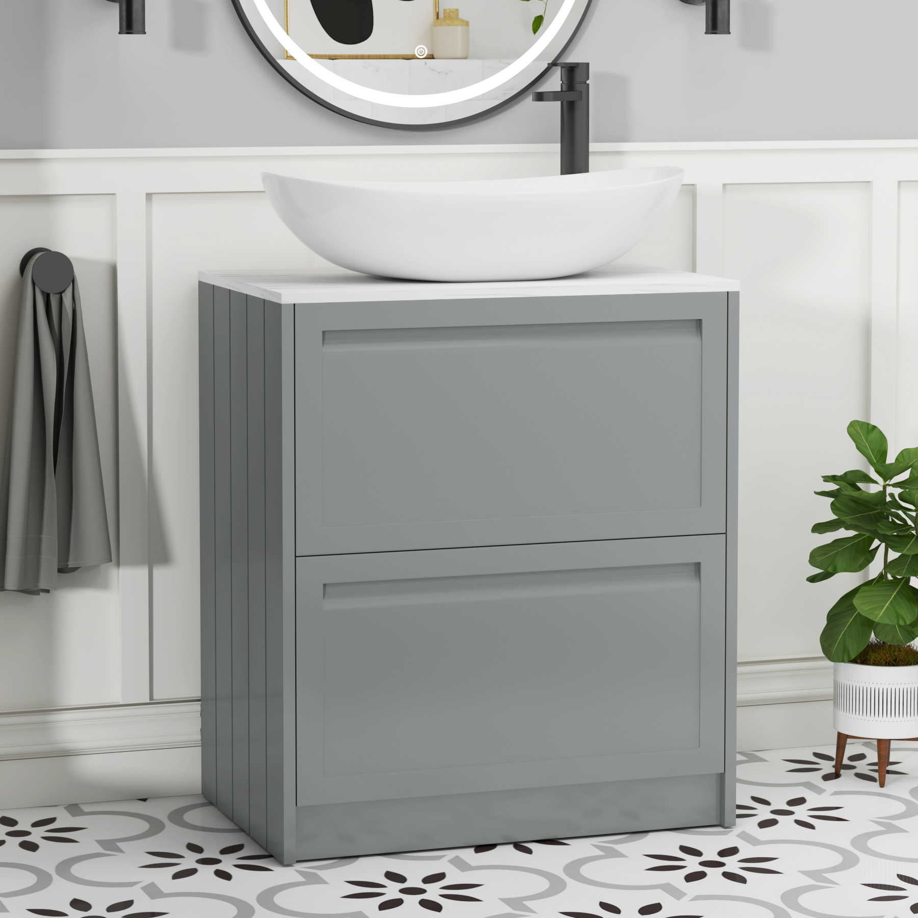 Elmore Matt Pebble Grey 2 Drawer Floor Standing Vanity Unit with Carrara White Worktop & Various Countertop Basins