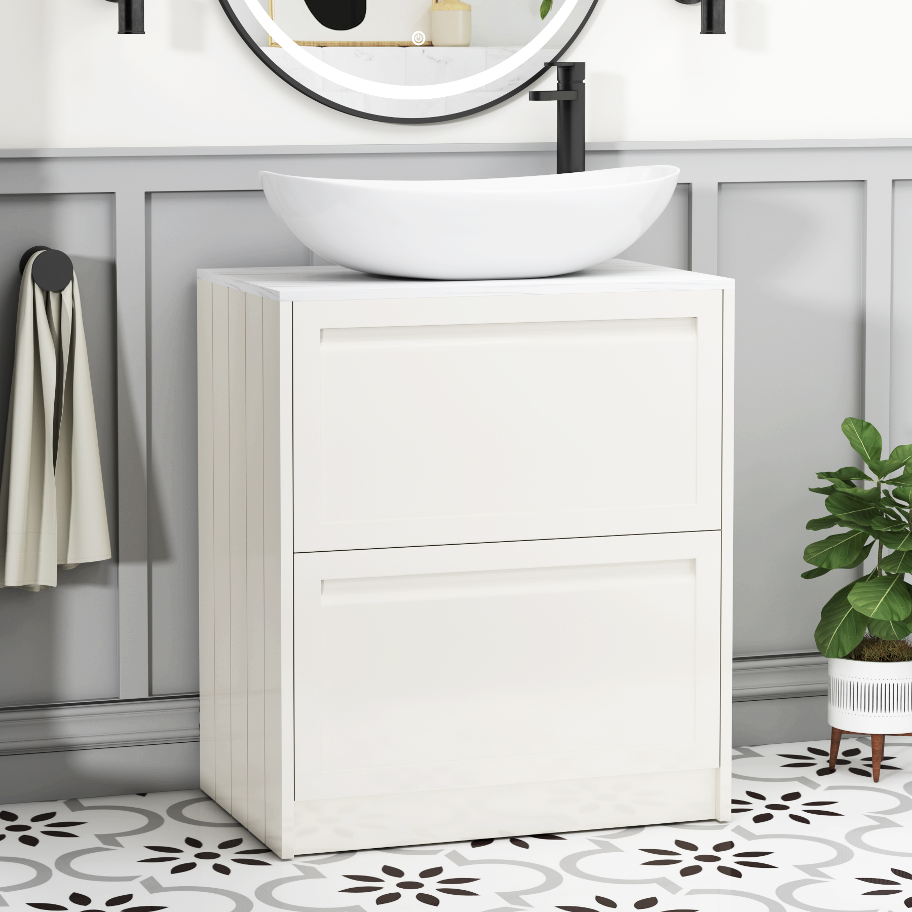 Elmore Classic White 2 Drawer Floor Standing Vanity Unit with Carrara White Worktop & Various Countertop Basins
