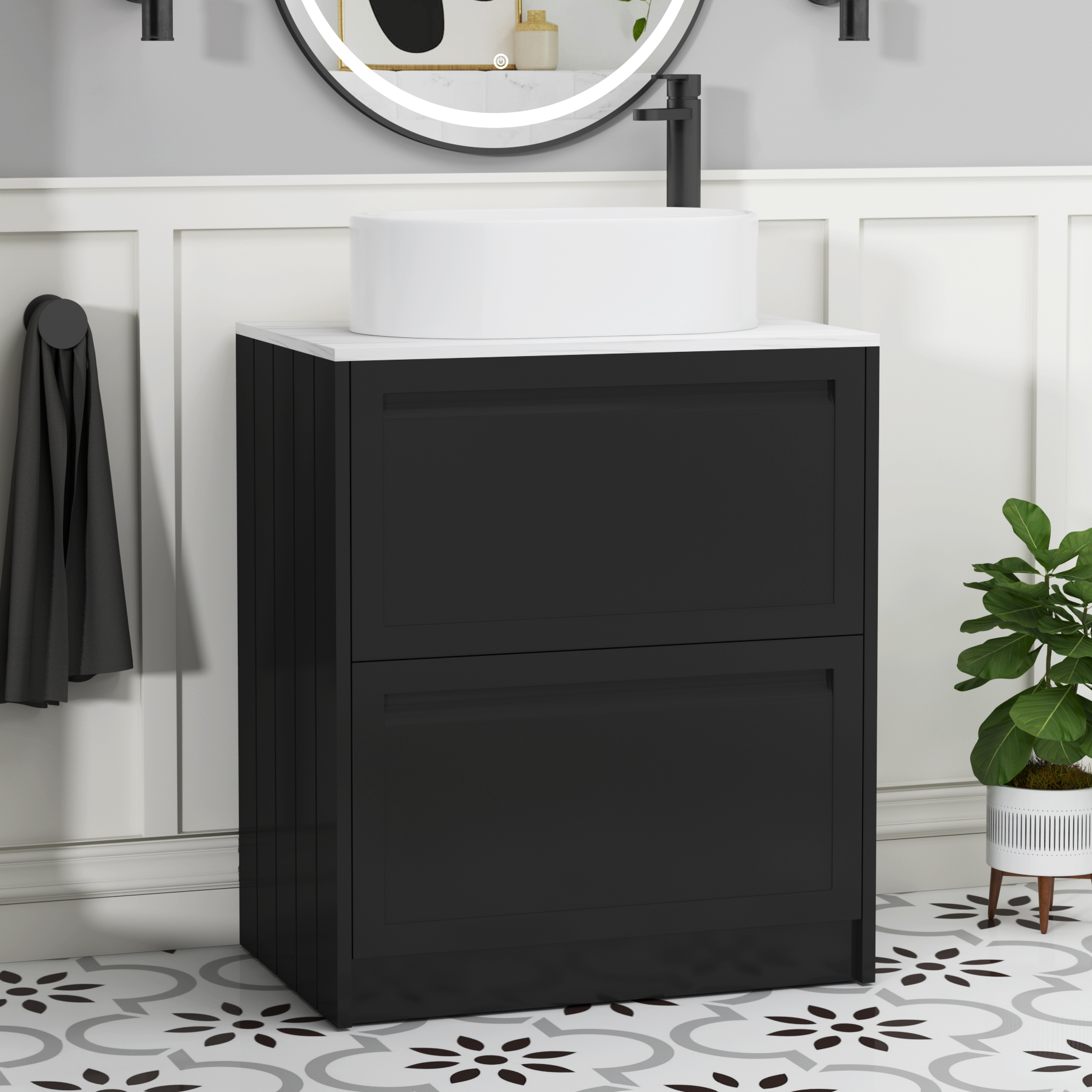 Elmore Matt Nocturne Black 2 Drawer Floor Standing Vanity Unit with Carrara White Worktop & Various Countertop Basins