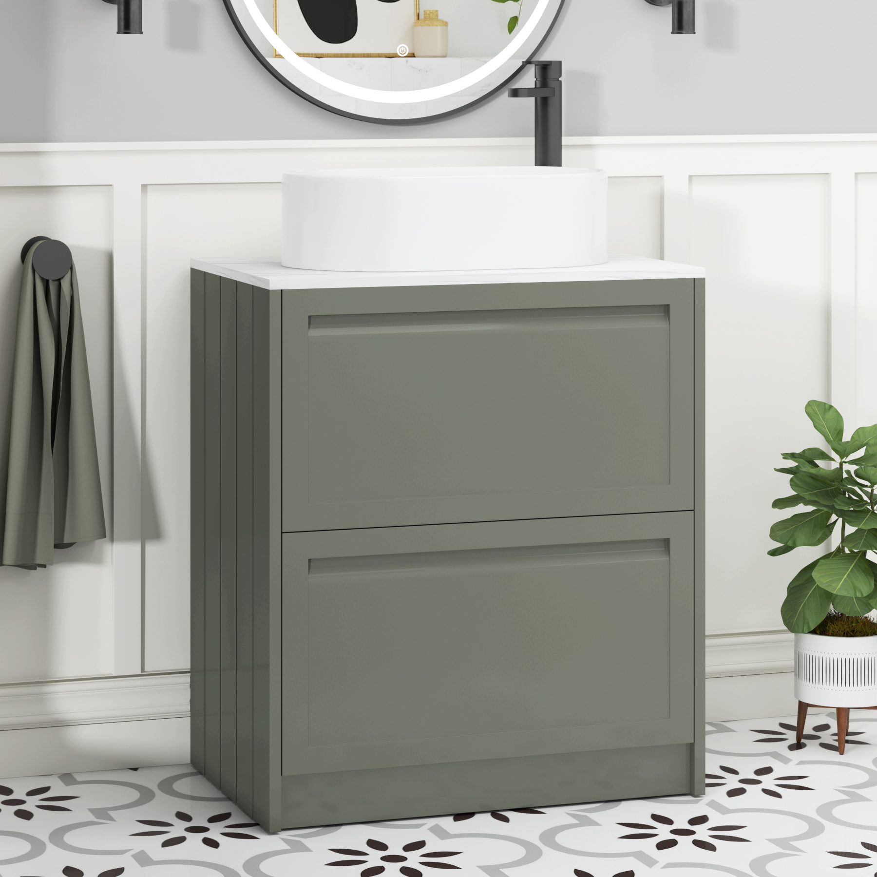 Elmore Matt Green 2 Drawer Floor Standing Vanity Unit with Carrara White Worktop & Various Countertop Basins