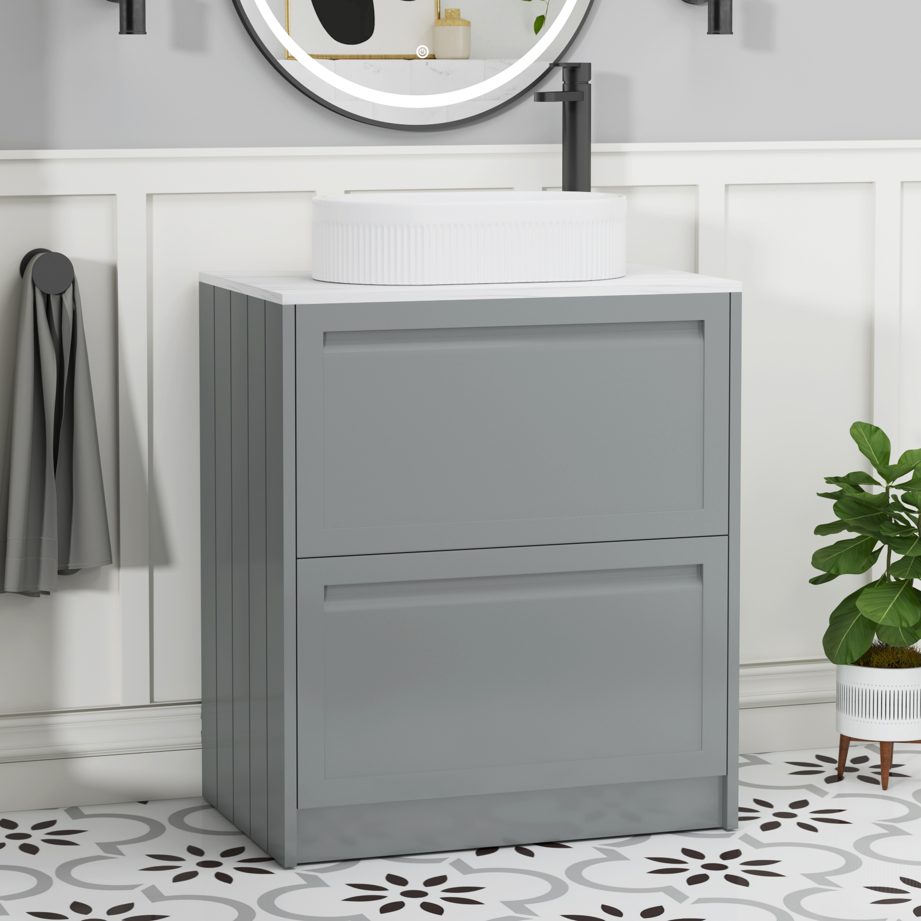 Elmore Matt Pebble Grey 2 Drawer Floor Standing Vanity Unit with Carrara White Worktop & Various Countertop Basins