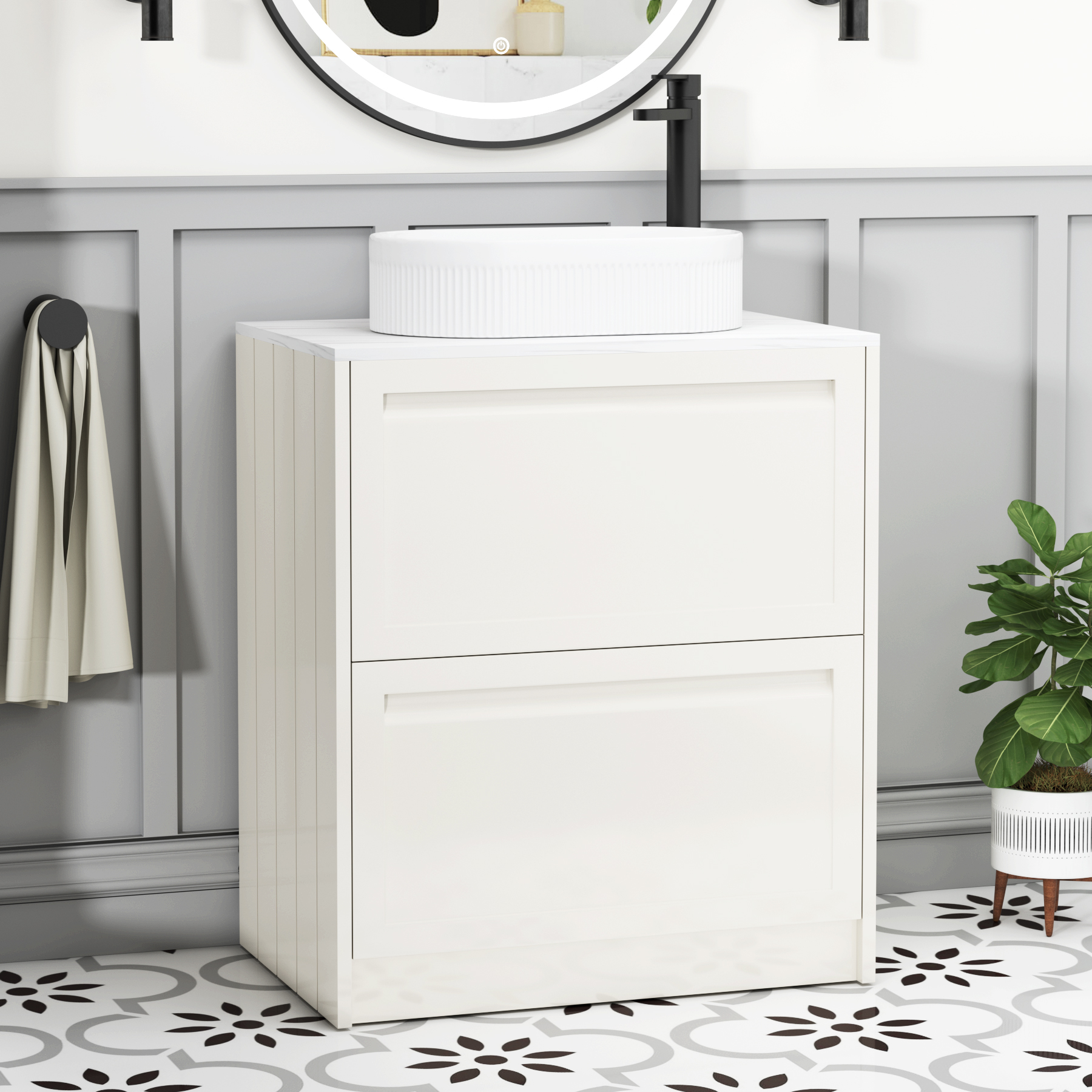 Elmore Classic White 2 Drawer Floor Standing Vanity Unit with Carrara White Worktop & Various Countertop Basins