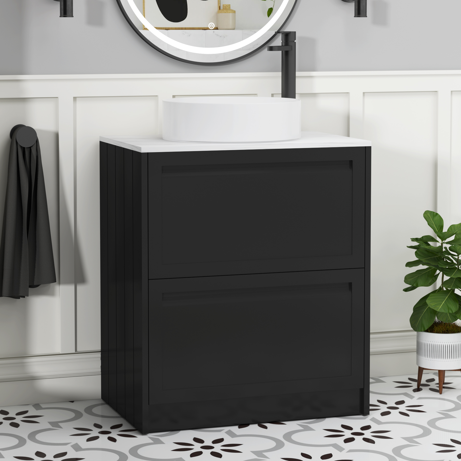 Elmore Matt Nocturne Black 2 Drawer Floor Standing Vanity Unit with Carrara White Worktop & Various Countertop Basins