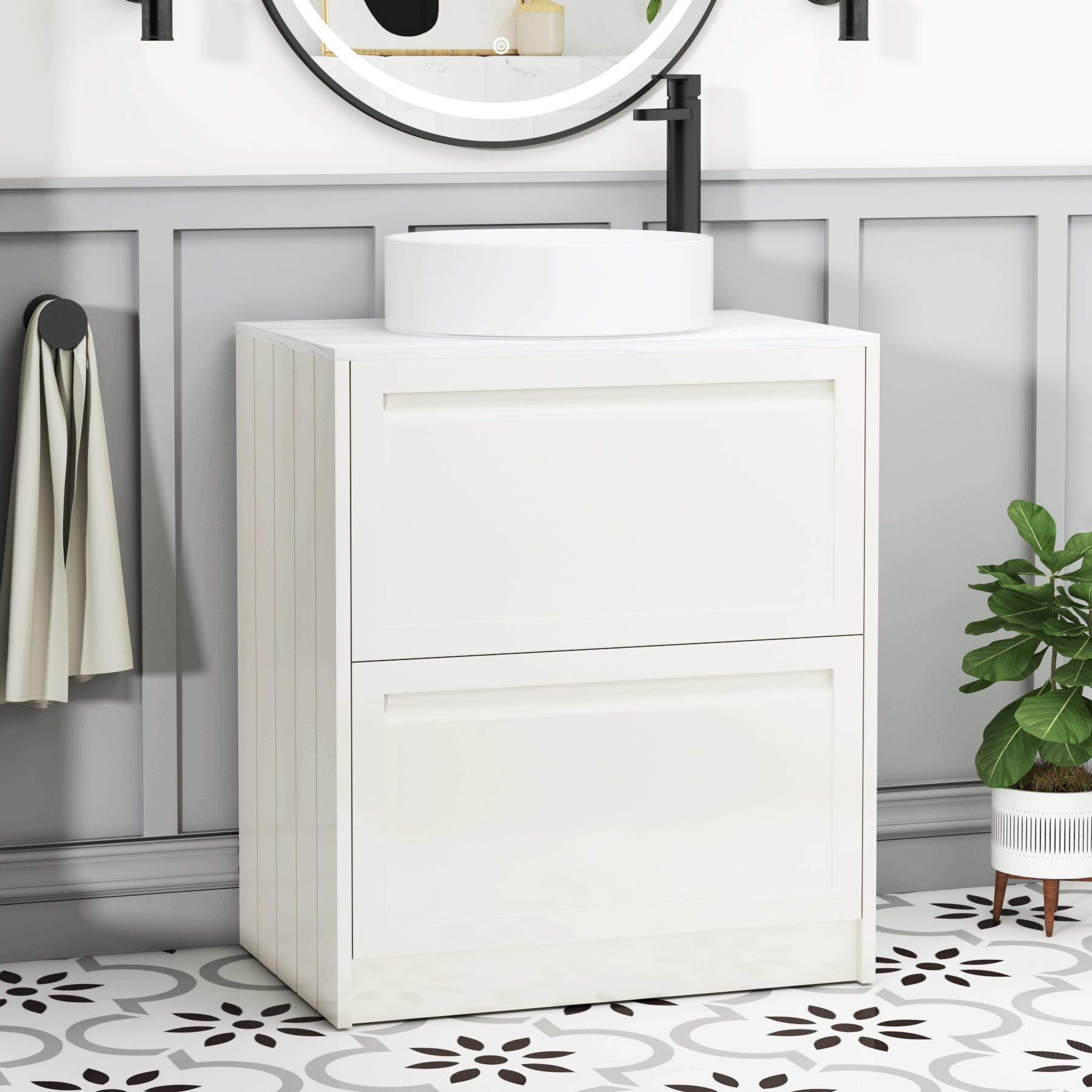 Elmore Classic White 2 Drawer Floor Standing Vanity Unit with Carrara White Worktop & Various Countertop Basins