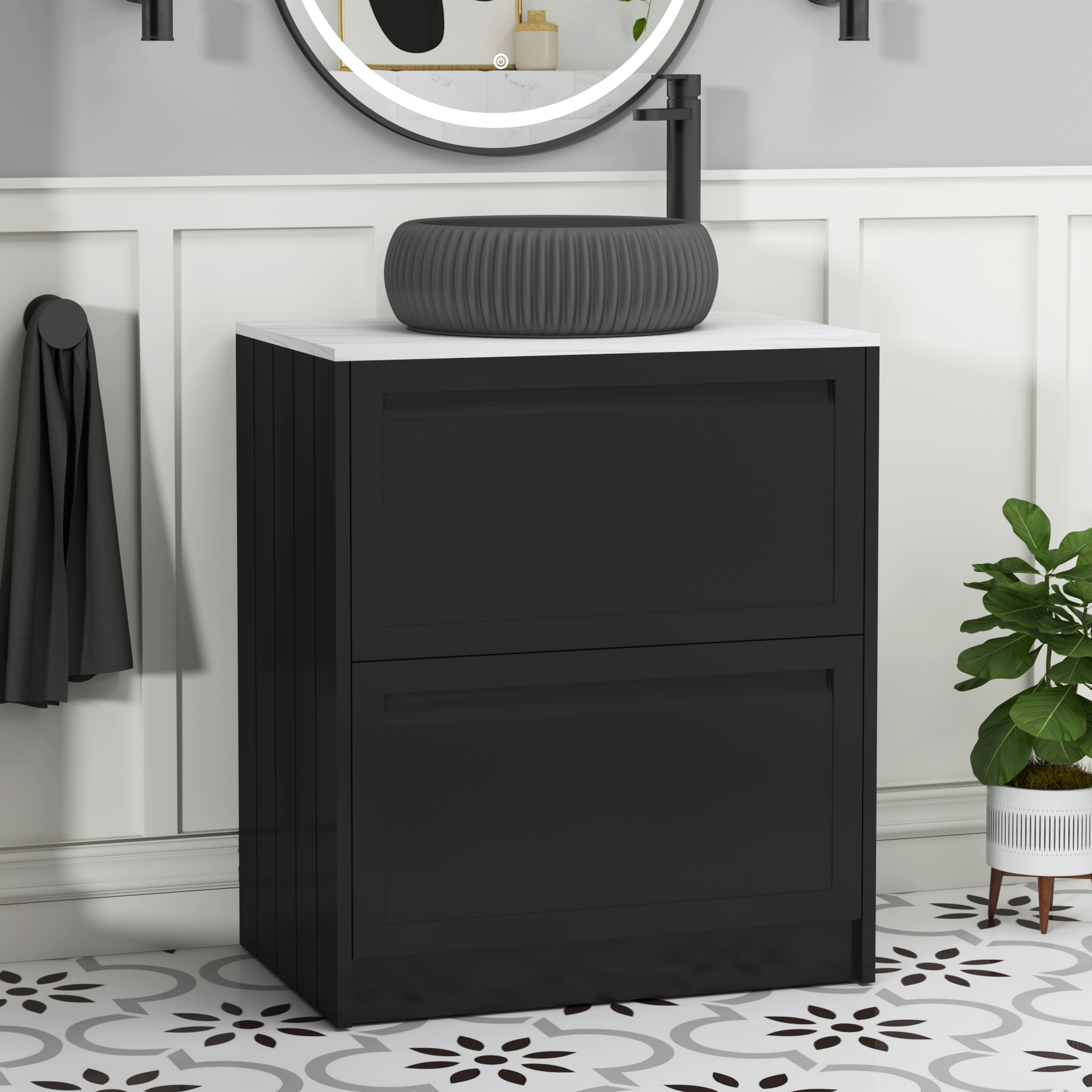 Elmore Matt Nocturne Black 2 Drawer Floor Standing Vanity Unit with Carrara White Worktop & Various Countertop Basins
