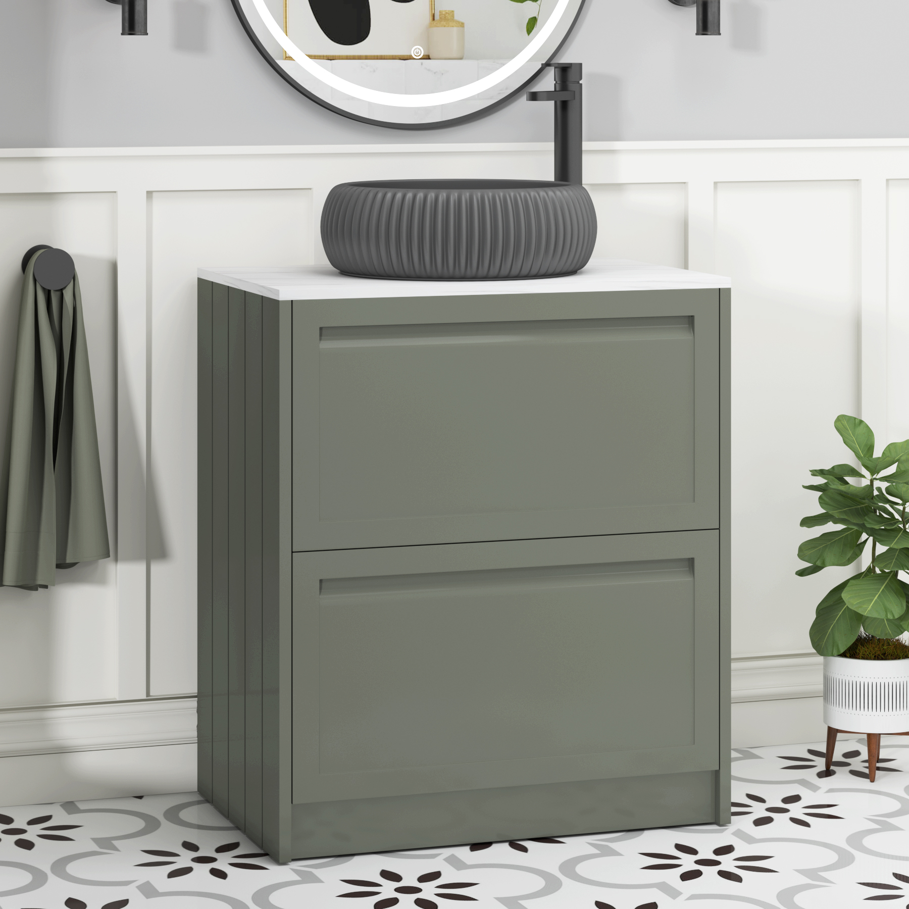 Elmore Matt Green 2 Drawer Floor Standing Vanity Unit with Carrara White Worktop & Various Countertop Basins