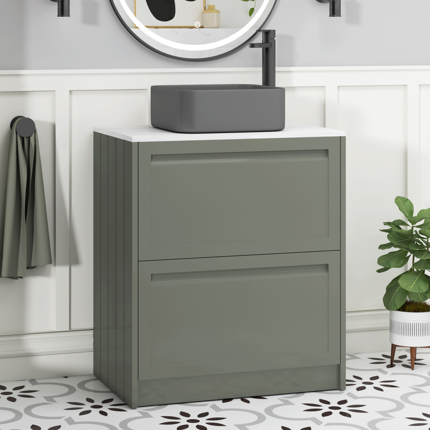 Elmore Matt Green 2 Drawer Floor Standing Vanity Unit with Carrara White Worktop & Various Countertop Basins