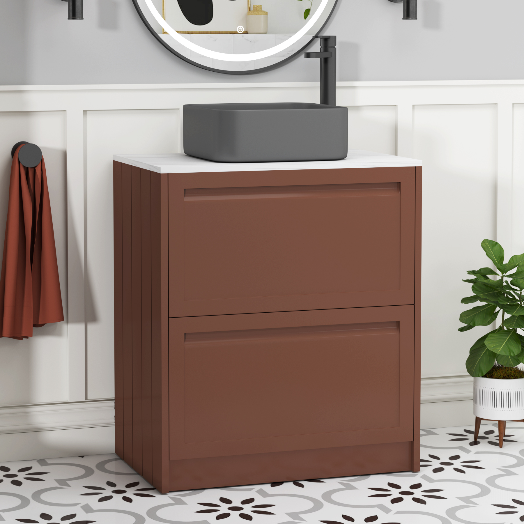 Elmore Terracotta Clay 2 Drawer Floor Standing Vanity Unit with Carrara White Worktop & Various Countertop Basins