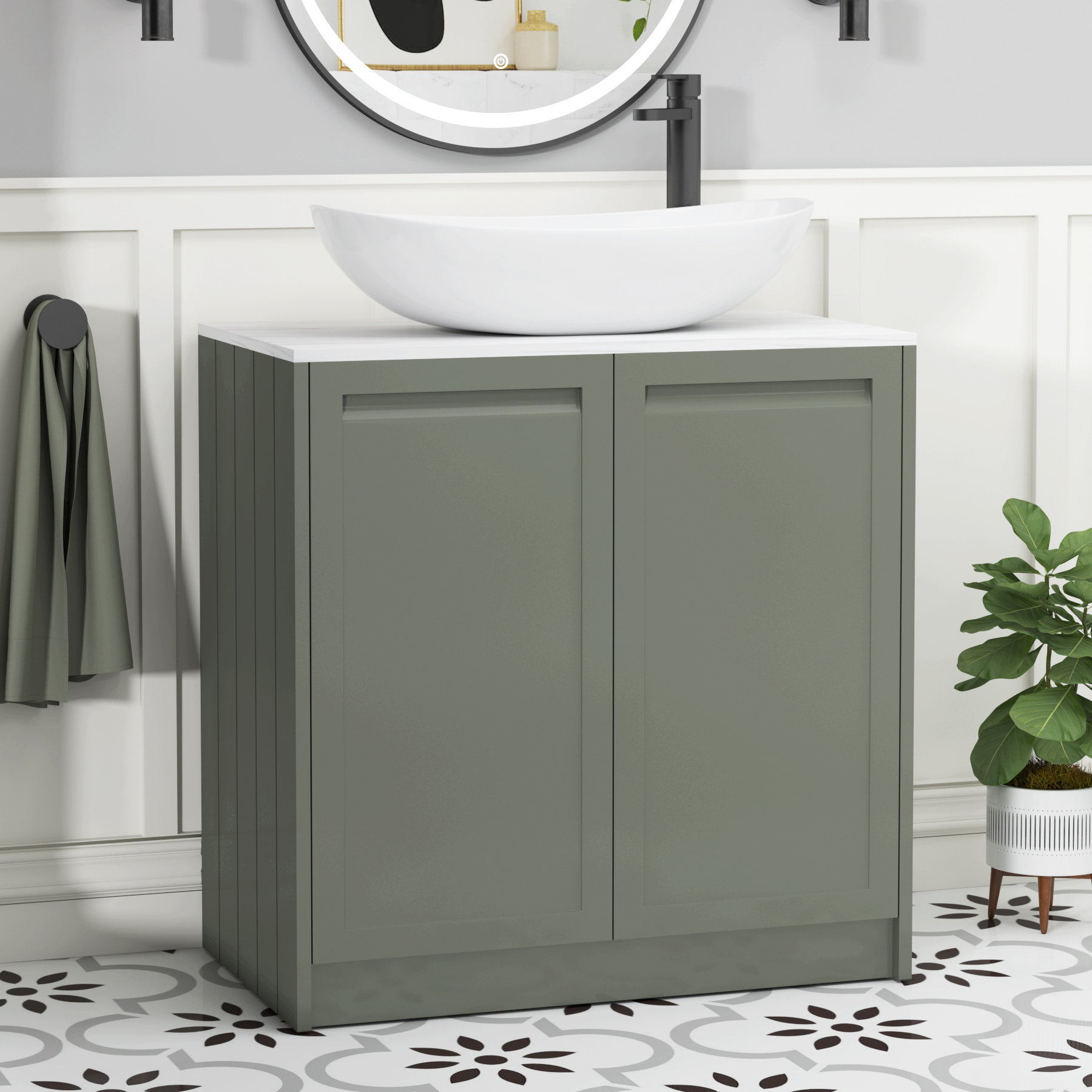 Elmore Matt Green 2 Door Floor Standing Vanity Unit with Carrara White Worktop & Various Countertop Basins