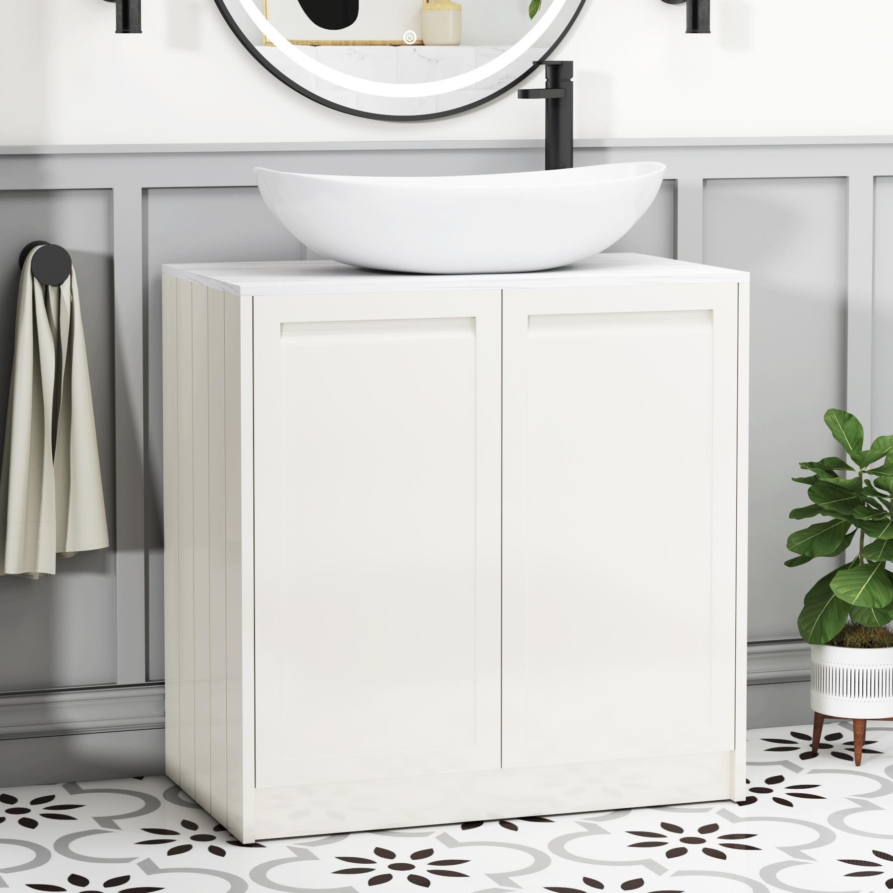 Elmore Classic White 2 Door Floor Standing Vanity Unit with Carrara White Worktop & Various Countertop Basins