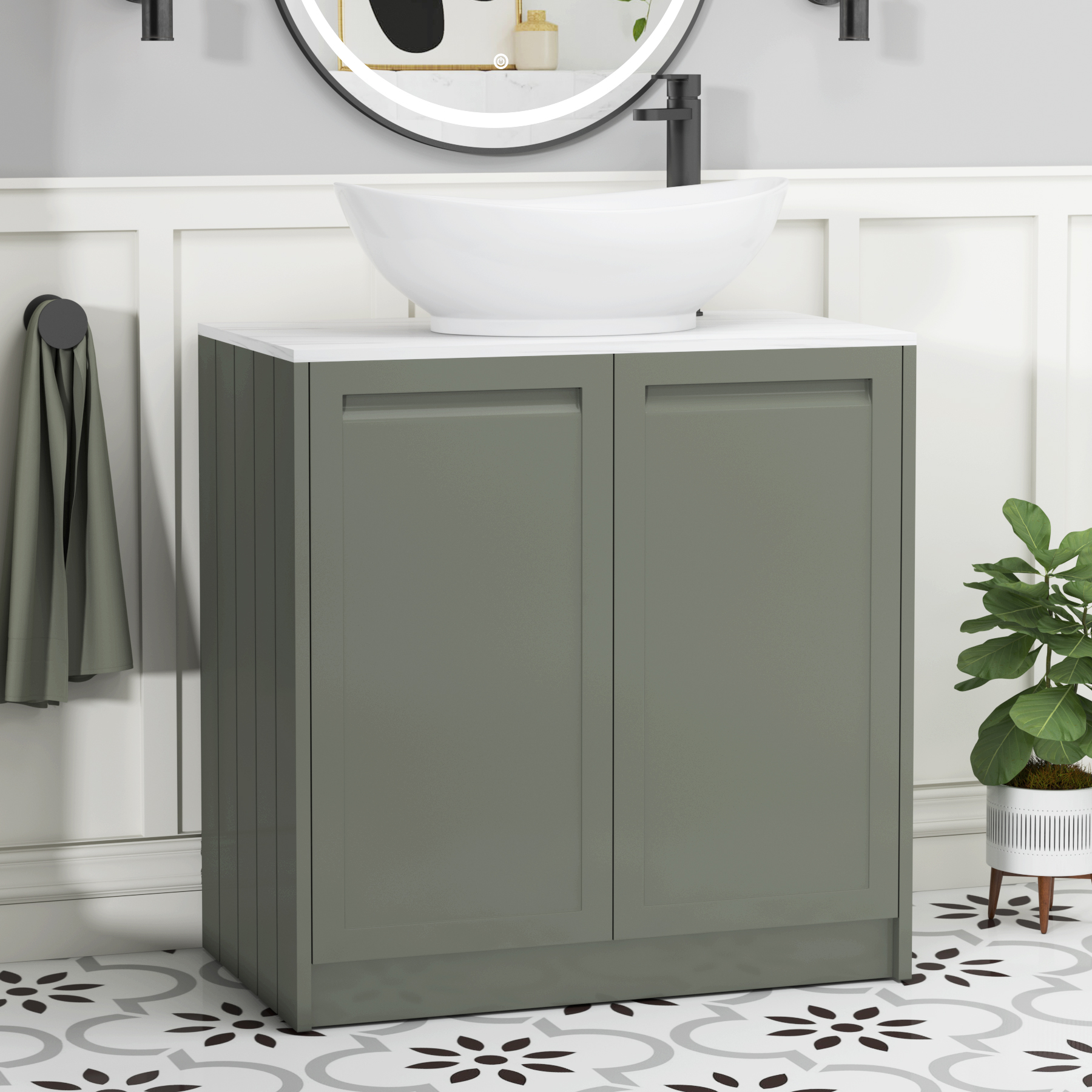 Elmore Matt Green 2 Door Floor Standing Vanity Unit with Carrara White Worktop & Various Countertop Basins