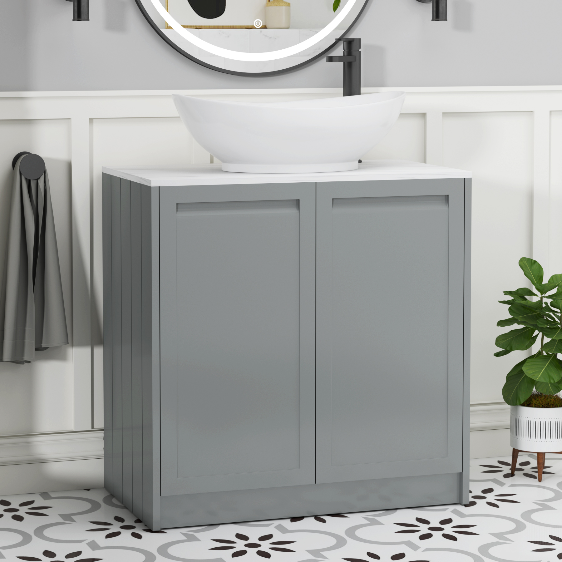 Elmore Matt Pebble Grey 2 Door Floor Standing Vanity Unit with Carrara White Worktop & Various Countertop Basins
