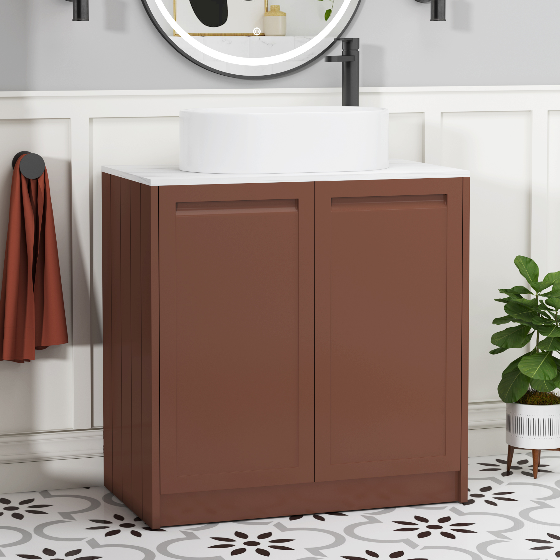 Elmore Terracotta Clay 2 Door Floor Standing Vanity Unit with Carrara White Worktop & Various Countertop Basins
