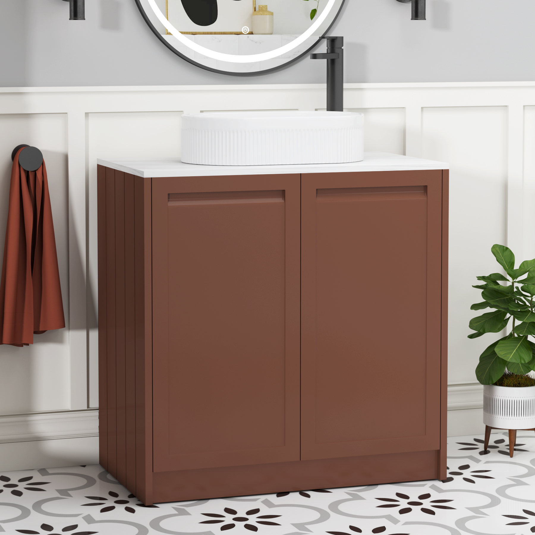 Elmore Terracotta Clay 2 Door Floor Standing Vanity Unit with Carrara White Worktop & Various Countertop Basins