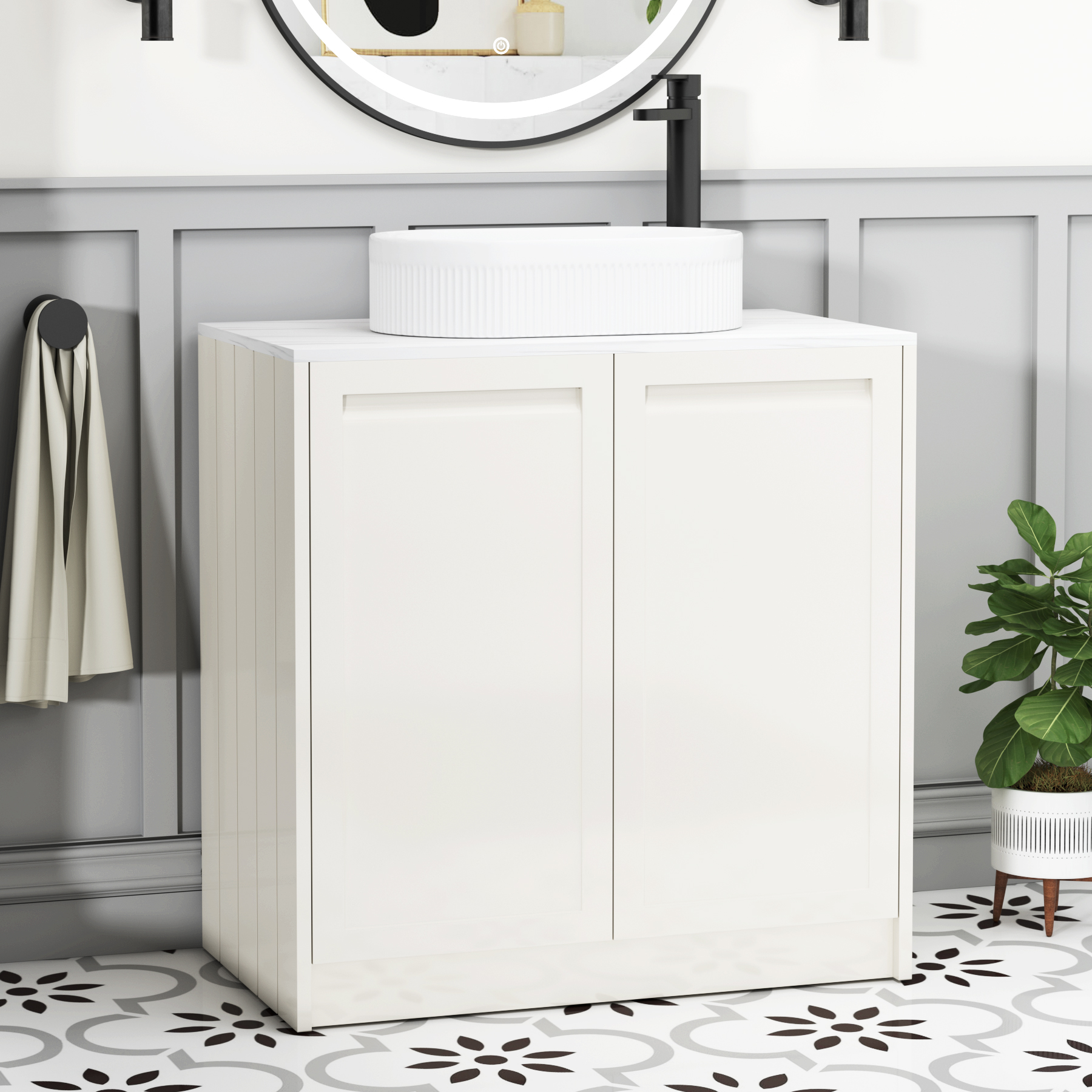 Elmore Classic White 2 Door Floor Standing Vanity Unit with Carrara White Worktop & Various Countertop Basins