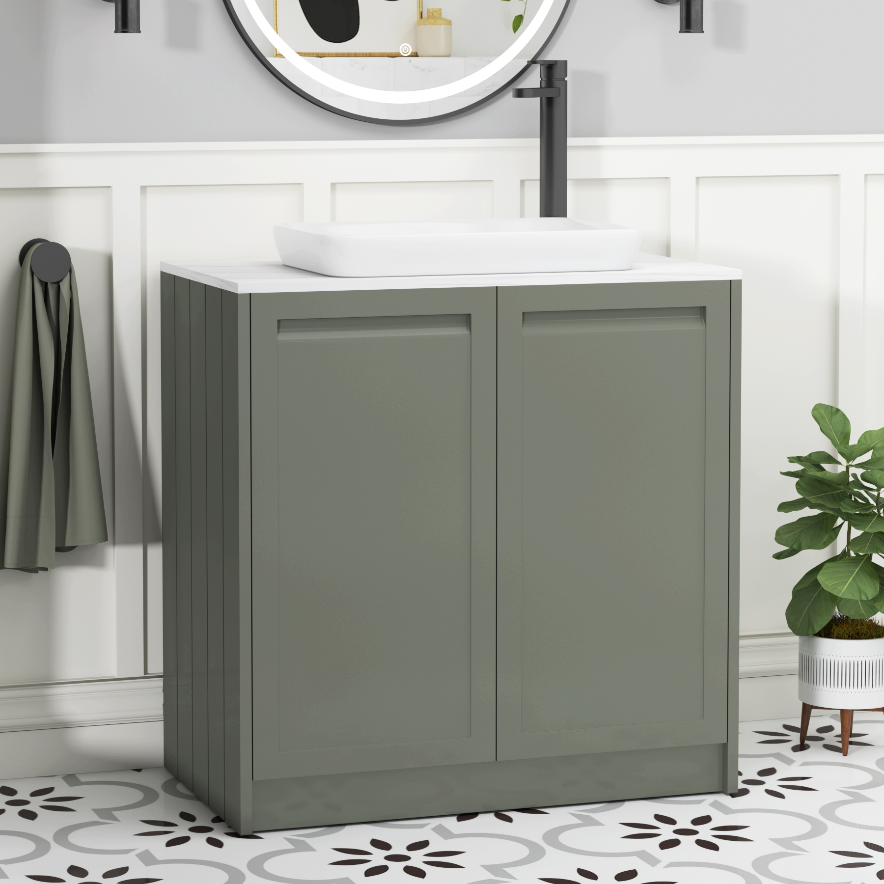 Elmore Matt Green 2 Door Floor Standing Vanity Unit with Carrara White Worktop & Various Countertop Basins