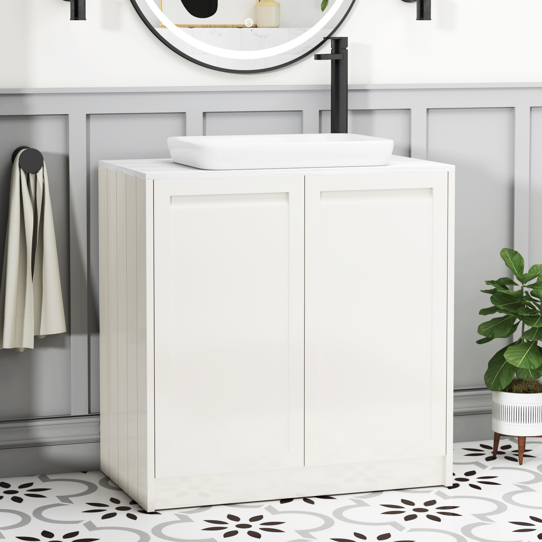 Elmore Classic White 2 Door Floor Standing Vanity Unit with Carrara White Worktop & Various Countertop Basins