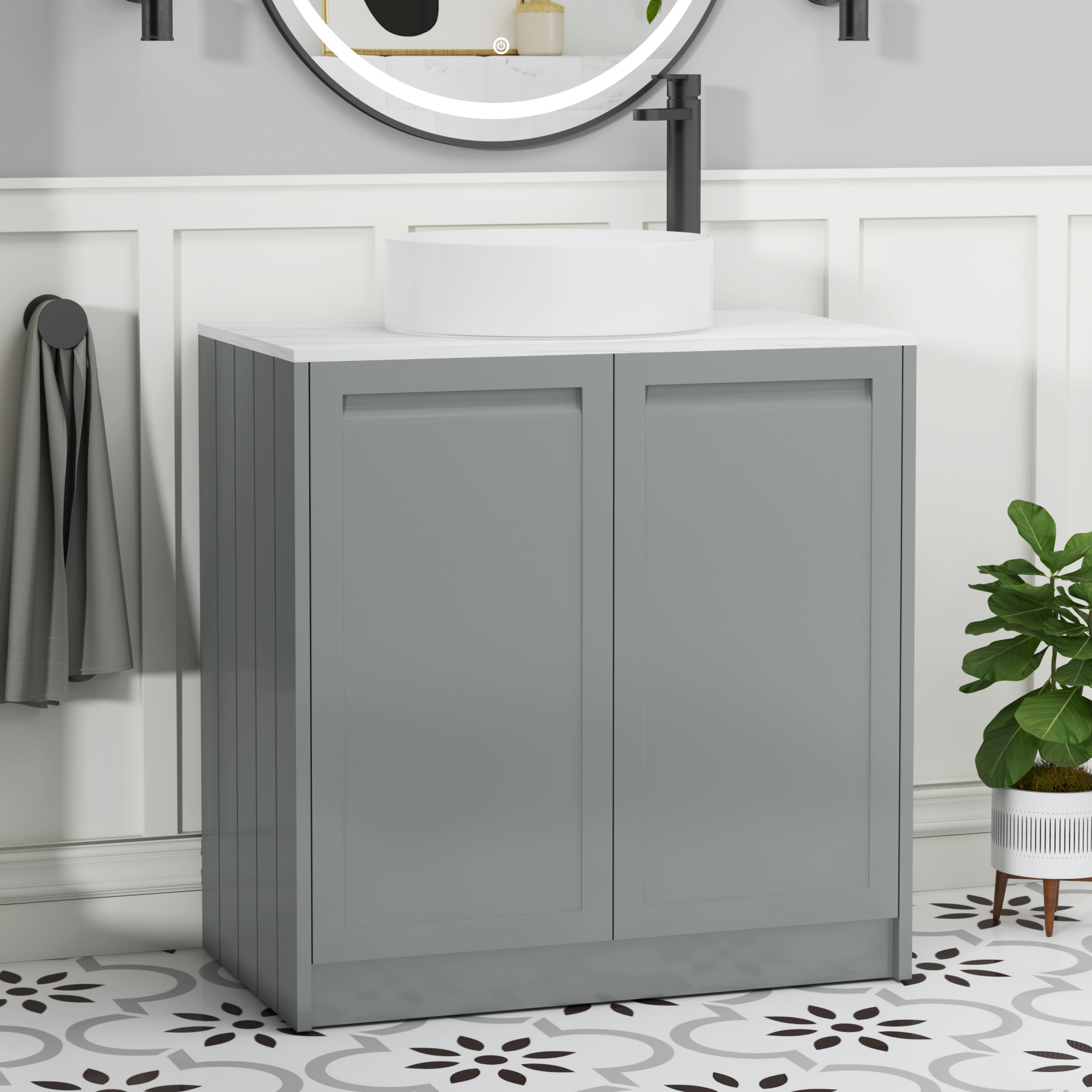 Elmore Matt Pebble Grey 2 Door Floor Standing Vanity Unit with Carrara White Worktop & Various Countertop Basins