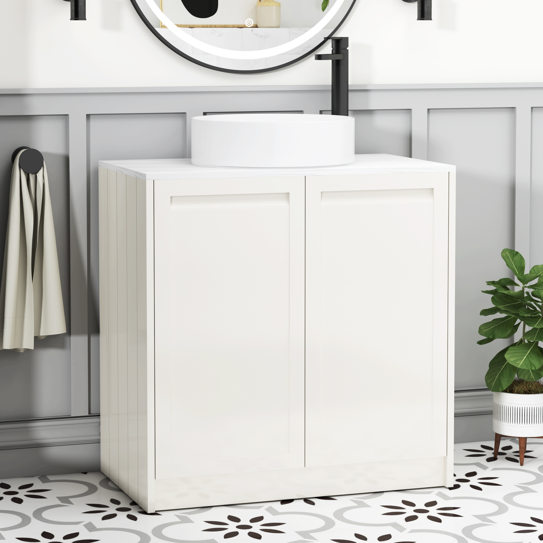 Elmore Classic White 2 Door Floor Standing Vanity Unit with Carrara White Worktop & Various Countertop Basins