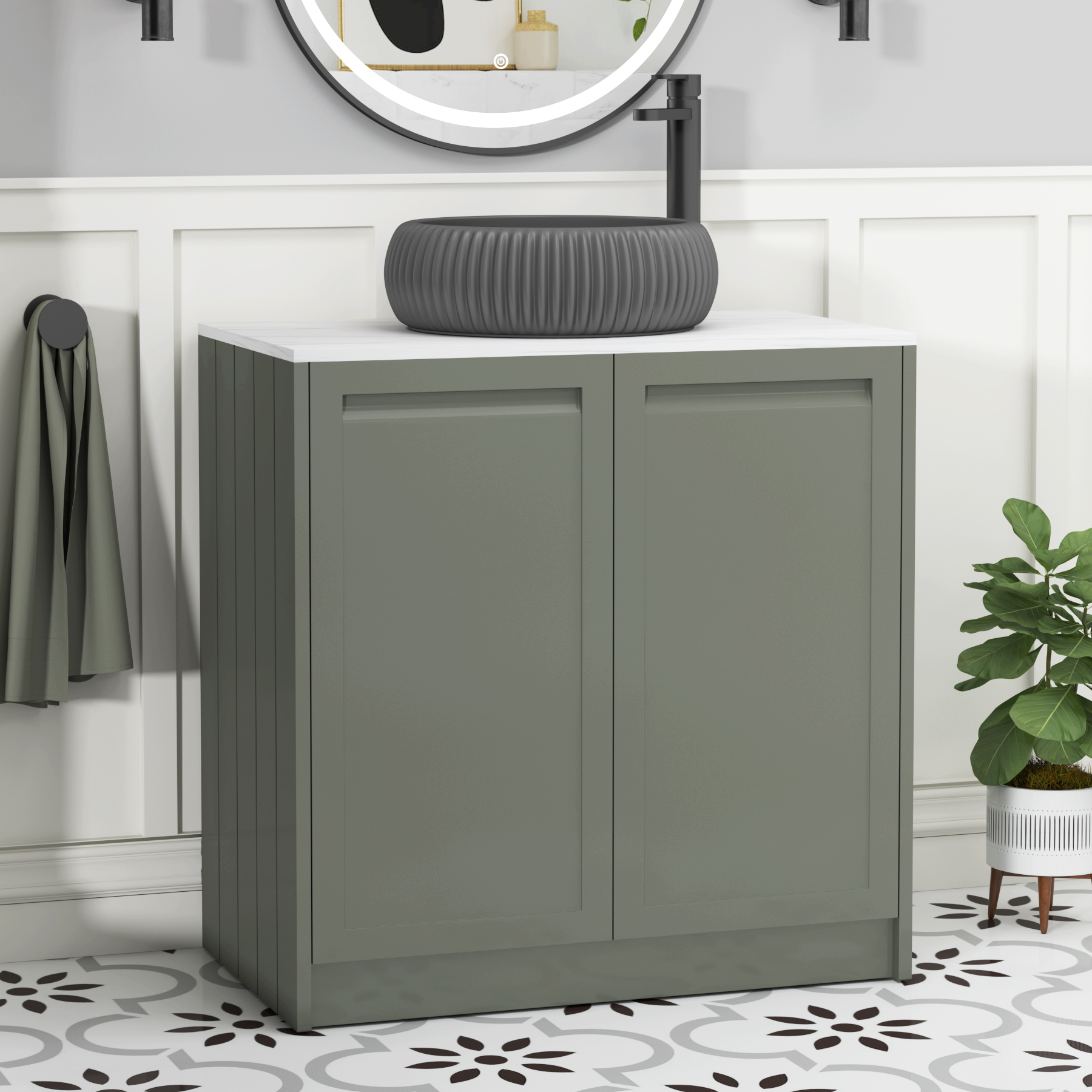 Elmore Matt Green 2 Door Floor Standing Vanity Unit with Carrara White Worktop & Various Countertop Basins