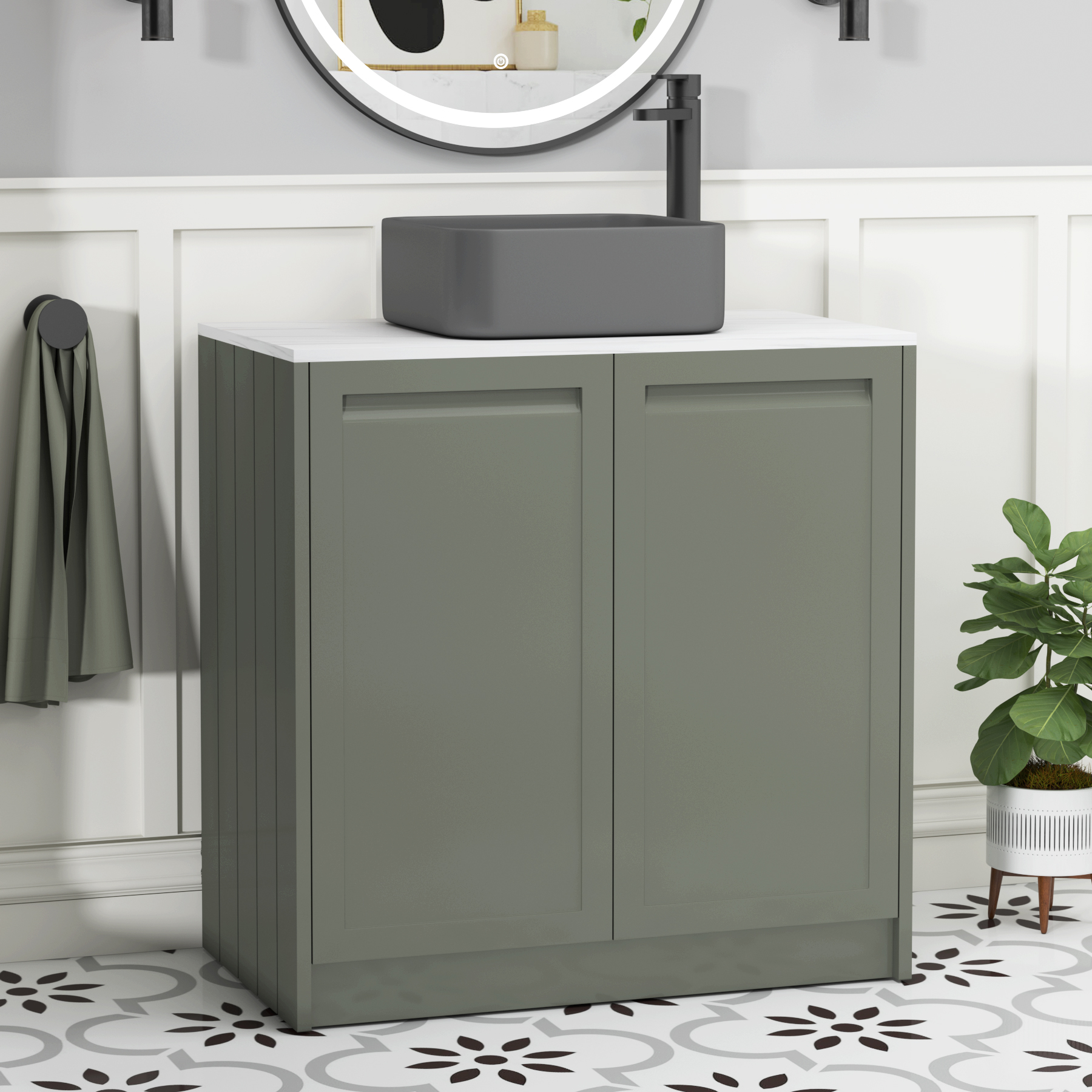Elmore Matt Green 2 Door Floor Standing Vanity Unit with Carrara White Worktop & Various Countertop Basins
