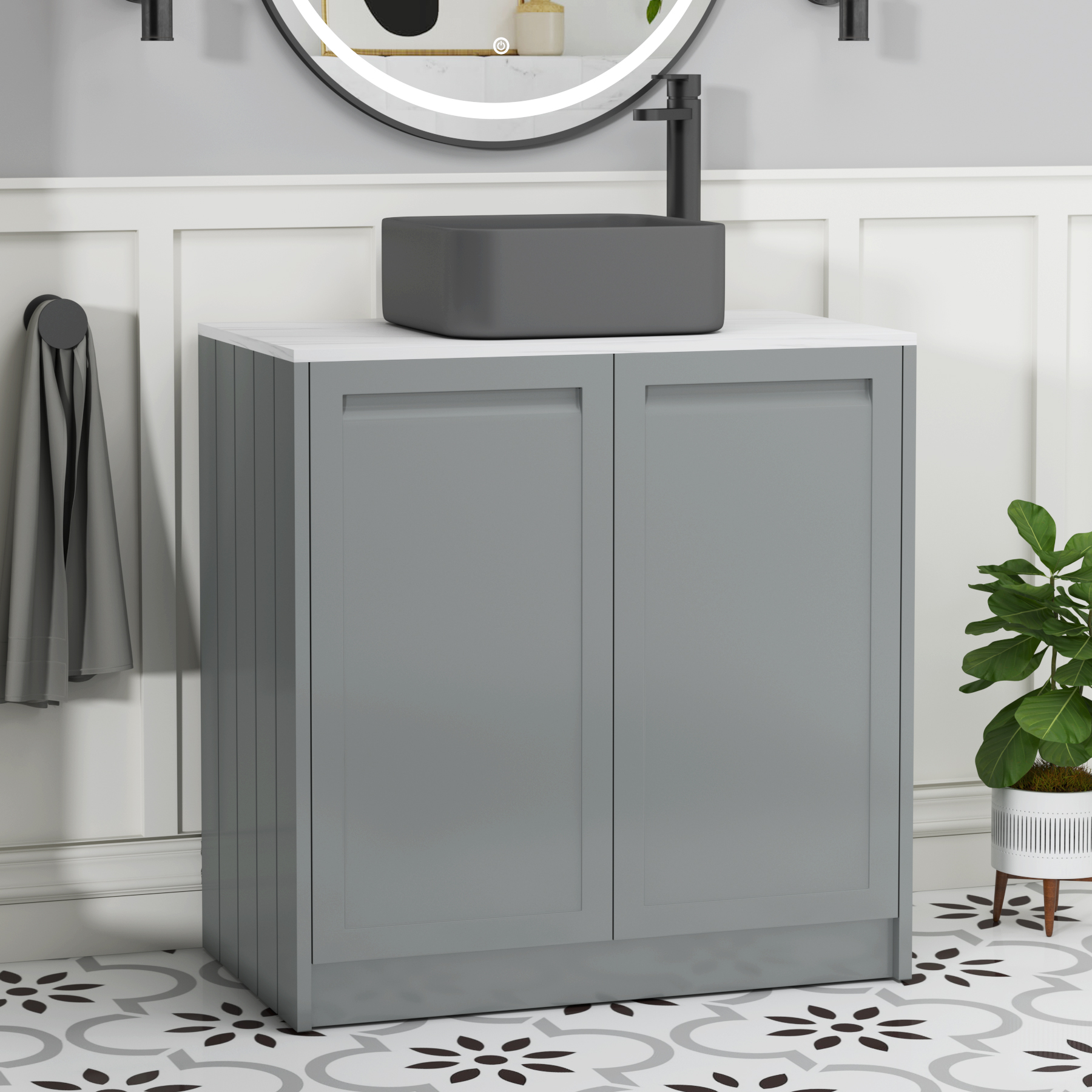 Elmore Matt Pebble Grey 2 Door Floor Standing Vanity Unit with Carrara White Worktop & Various Countertop Basins