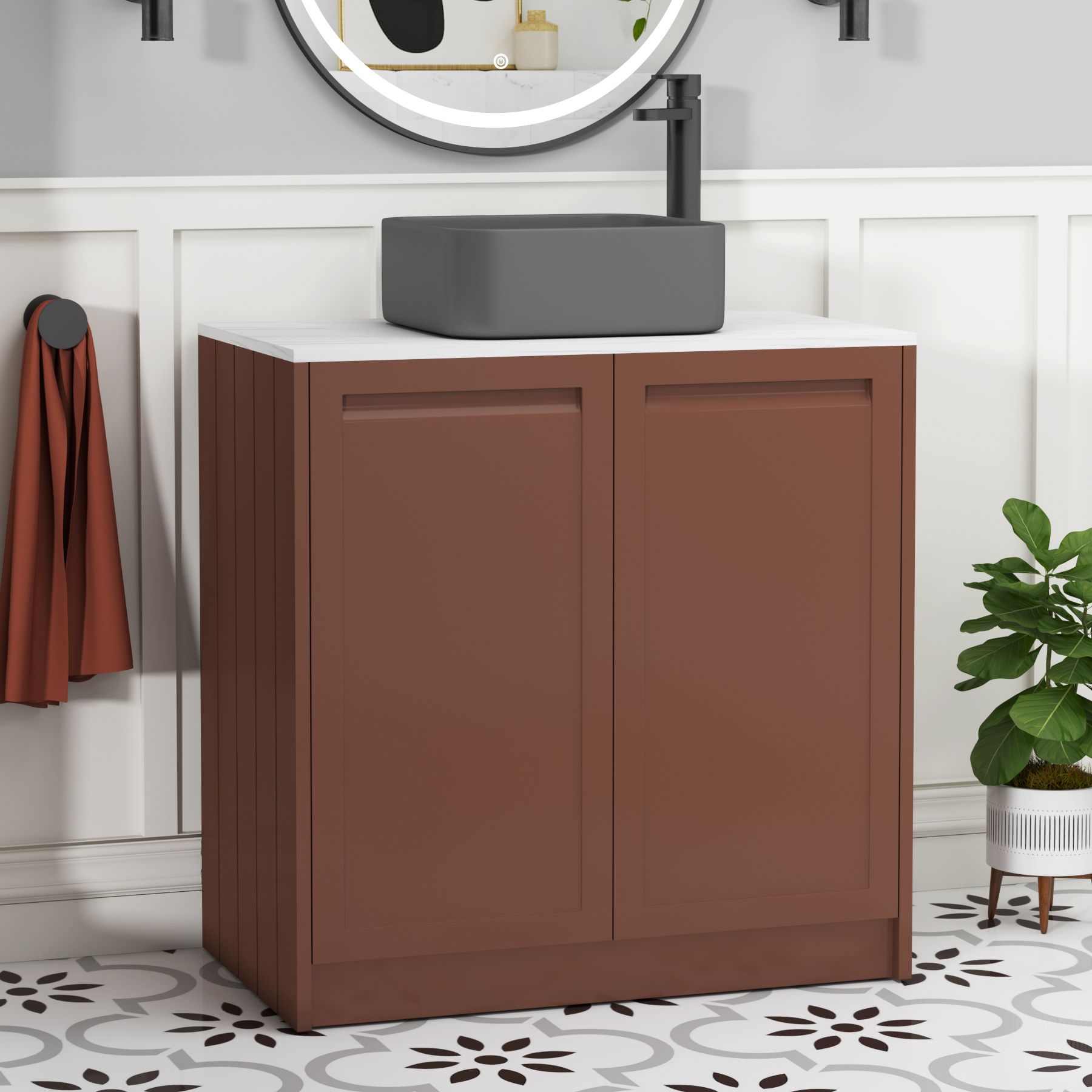 Elmore Terracotta Clay 2 Door Floor Standing Vanity Unit with Carrara White Worktop & Various Countertop Basins