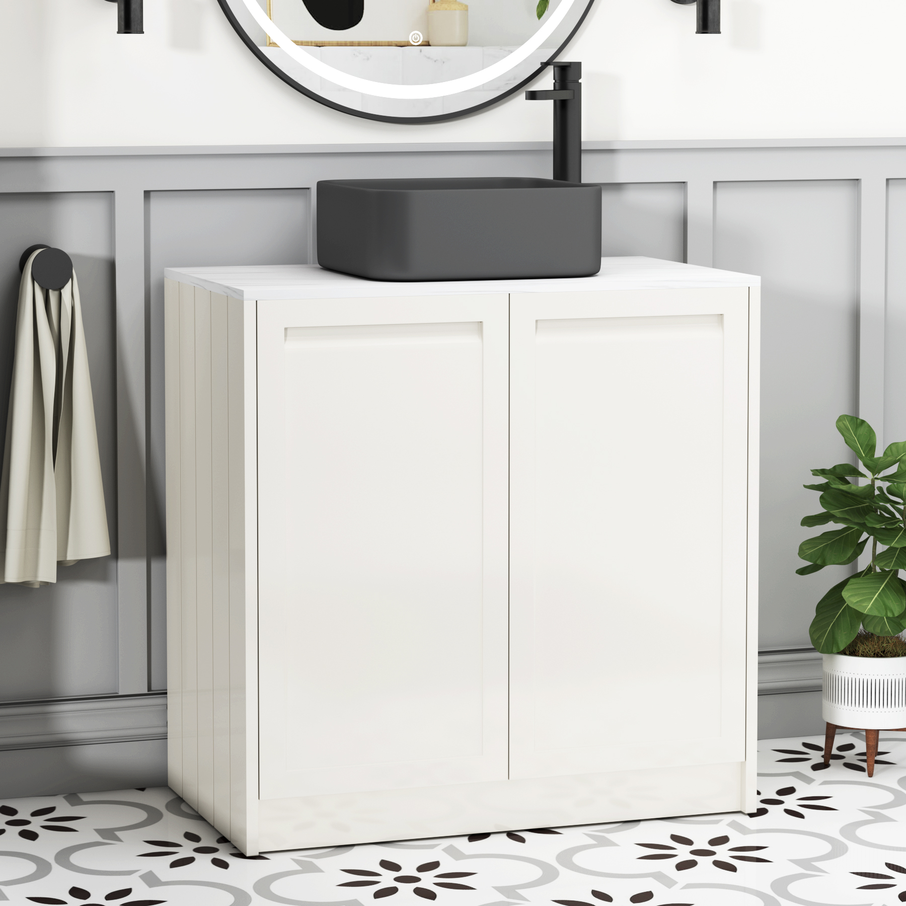 Elmore Classic White 2 Door Floor Standing Vanity Unit with Carrara White Worktop & Various Countertop Basins