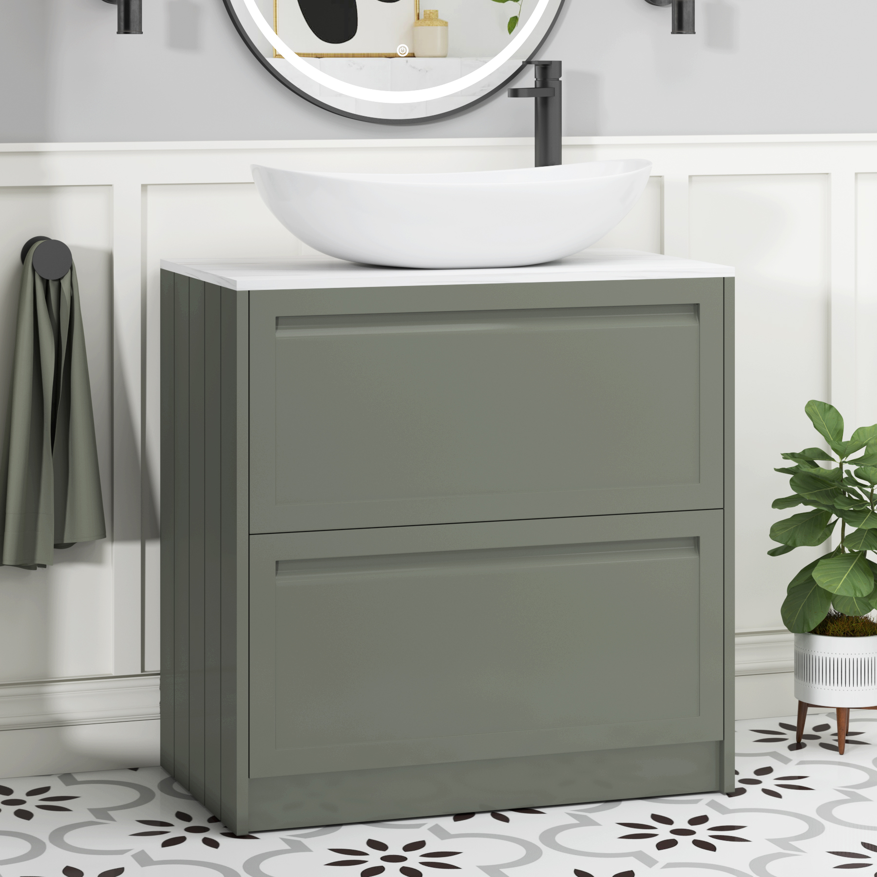 Elmore Matt Green 2 Drawer Floor Standing Vanity Unit with Carrara White Worktop & Various Countertop Basins
