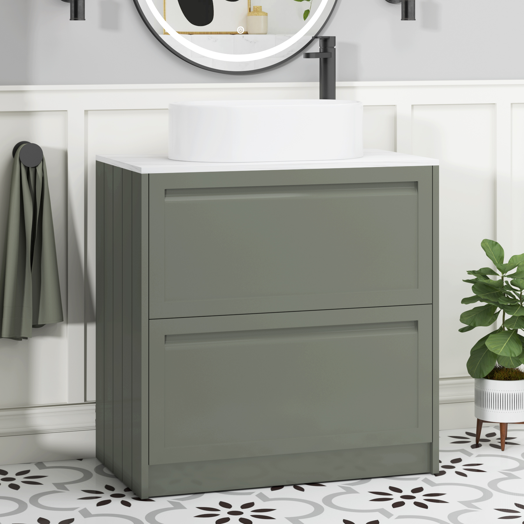 Elmore Matt Green 2 Drawer Floor Standing Vanity Unit with Carrara White Worktop & Various Countertop Basins