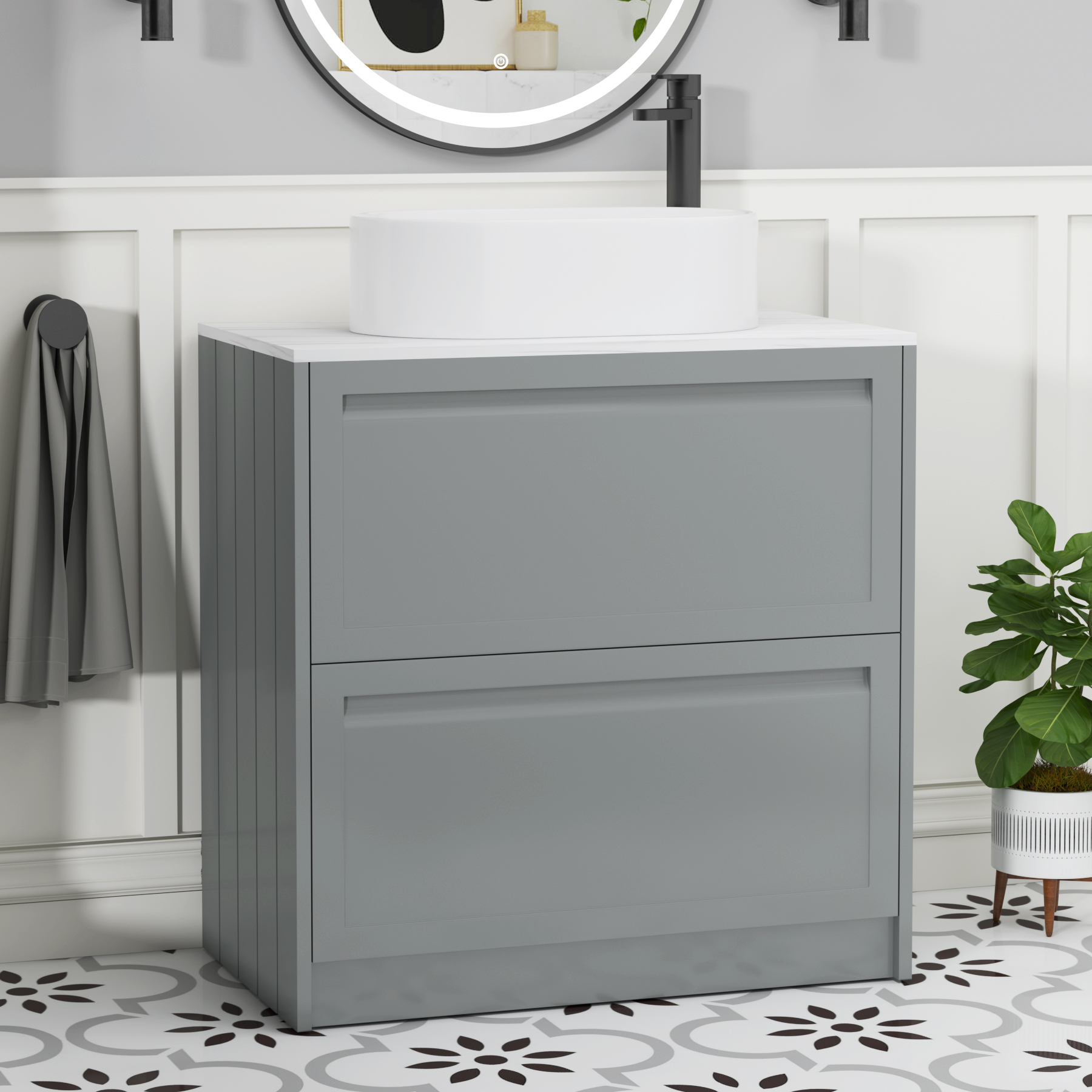 Elmore Matt Pebble Grey 2 Drawer Floor Standing Vanity Unit with Carrara White Worktop & Various Countertop Basins