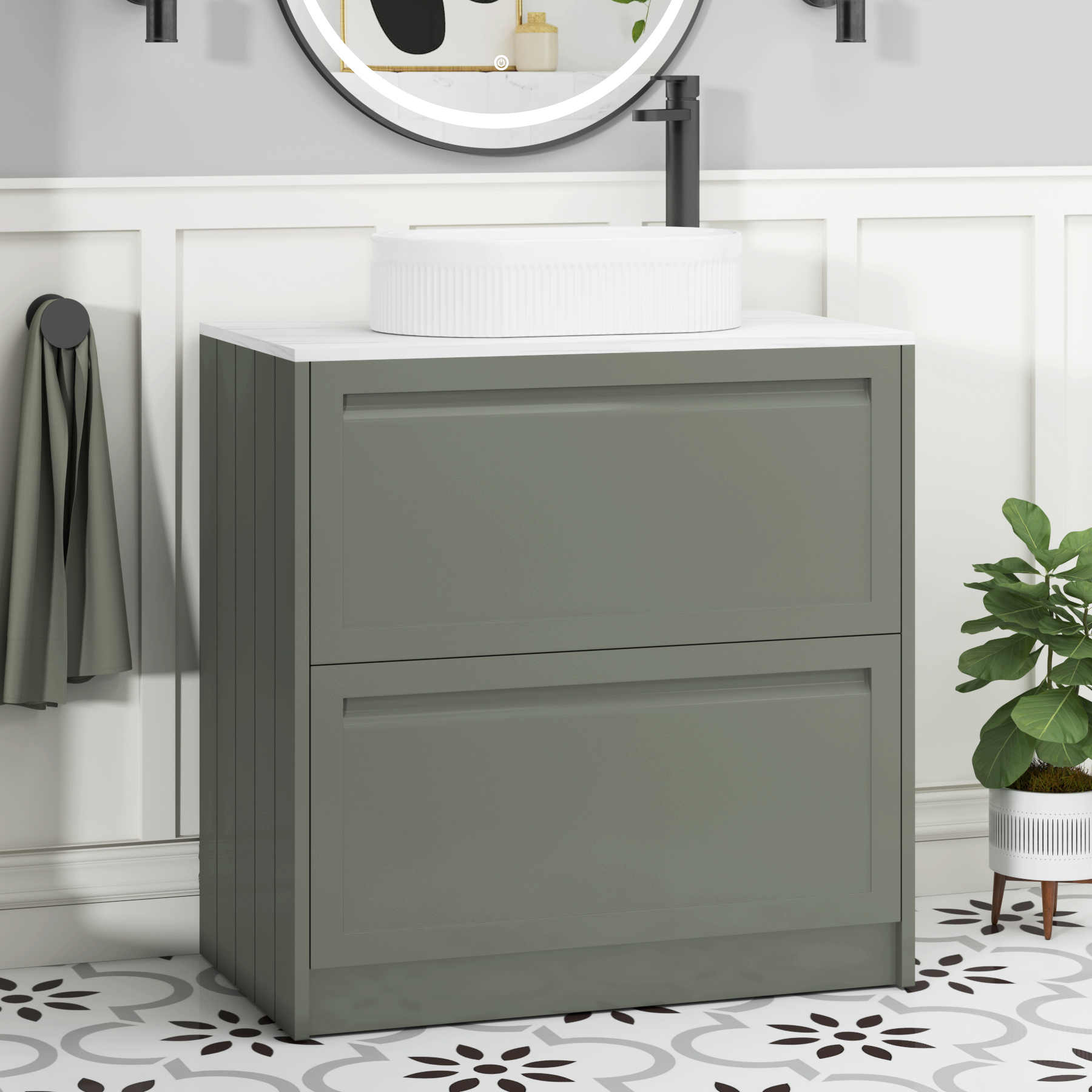 Elmore Matt Green 2 Drawer Floor Standing Vanity Unit with Carrara White Worktop & Various Countertop Basins