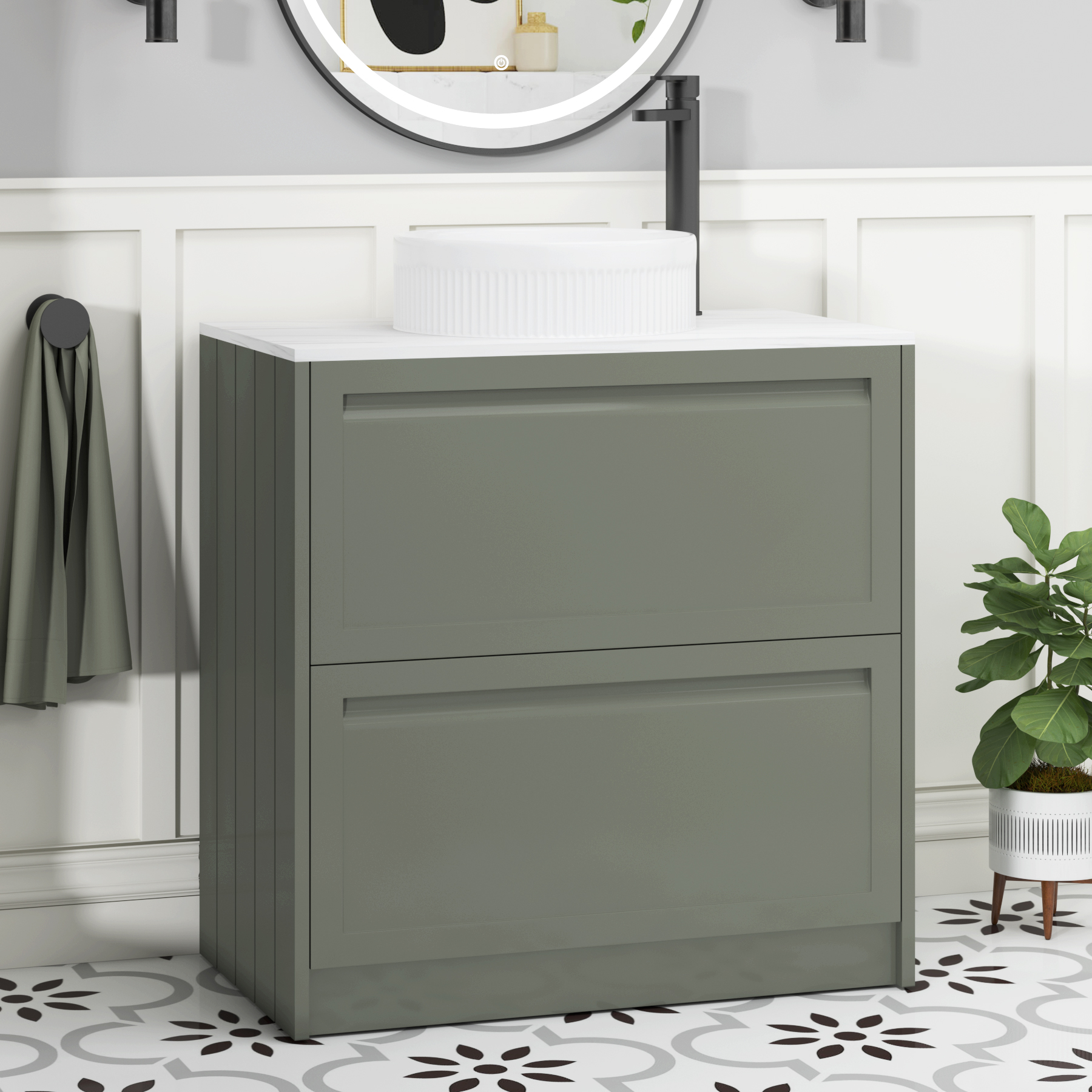 Elmore Matt Green 2 Drawer Floor Standing Vanity Unit with Carrara White Worktop & Various Countertop Basins