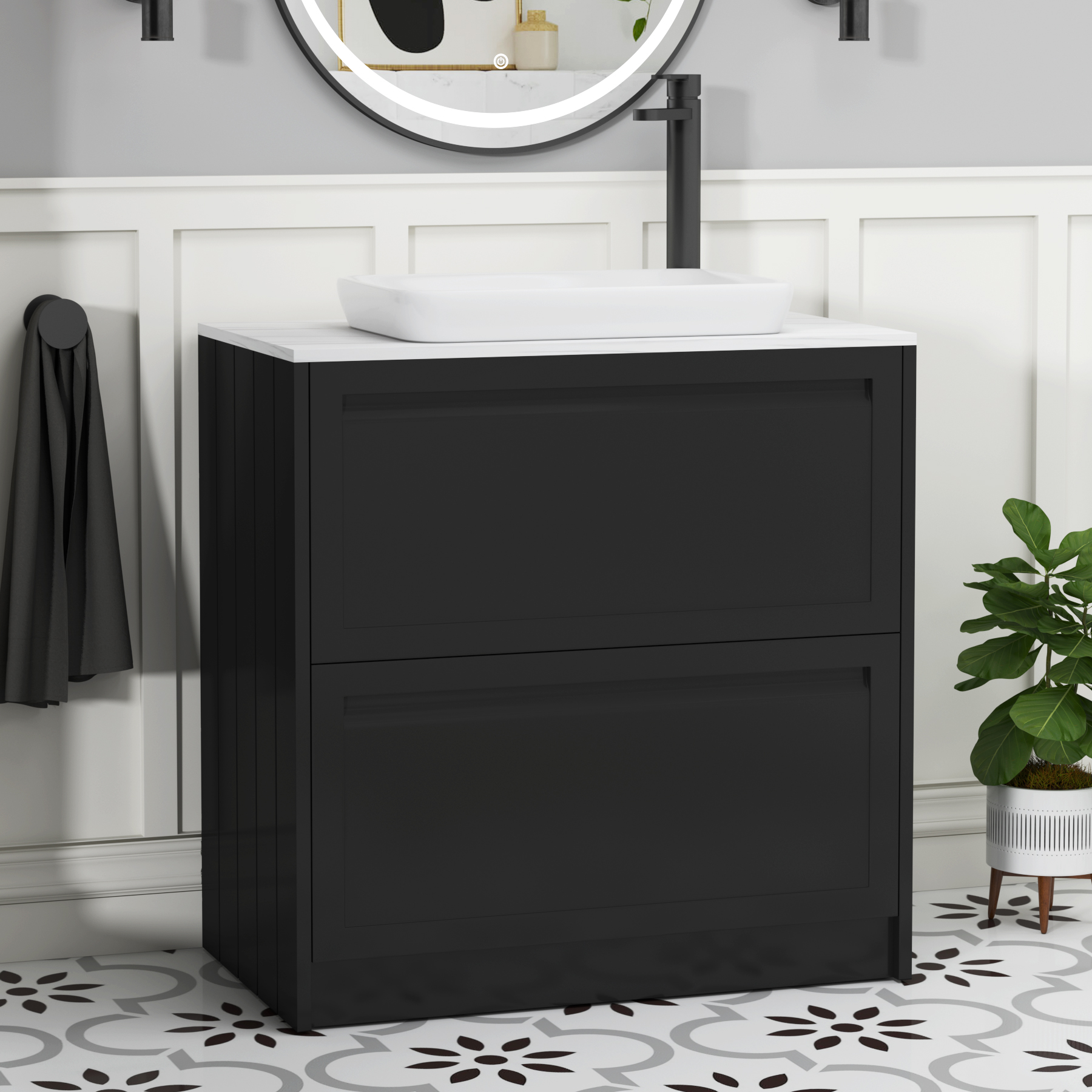 Elmore Matt Nocturne Black 2 Drawer Floor Standing Vanity Unit with Carrara White Worktop & Various Countertop Basins