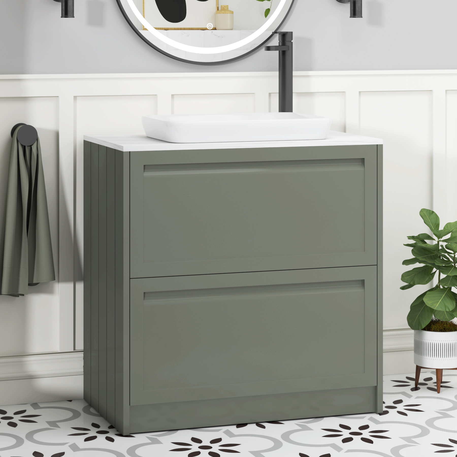 Elmore Matt Green 2 Drawer Floor Standing Vanity Unit with Carrara White Worktop & Various Countertop Basins