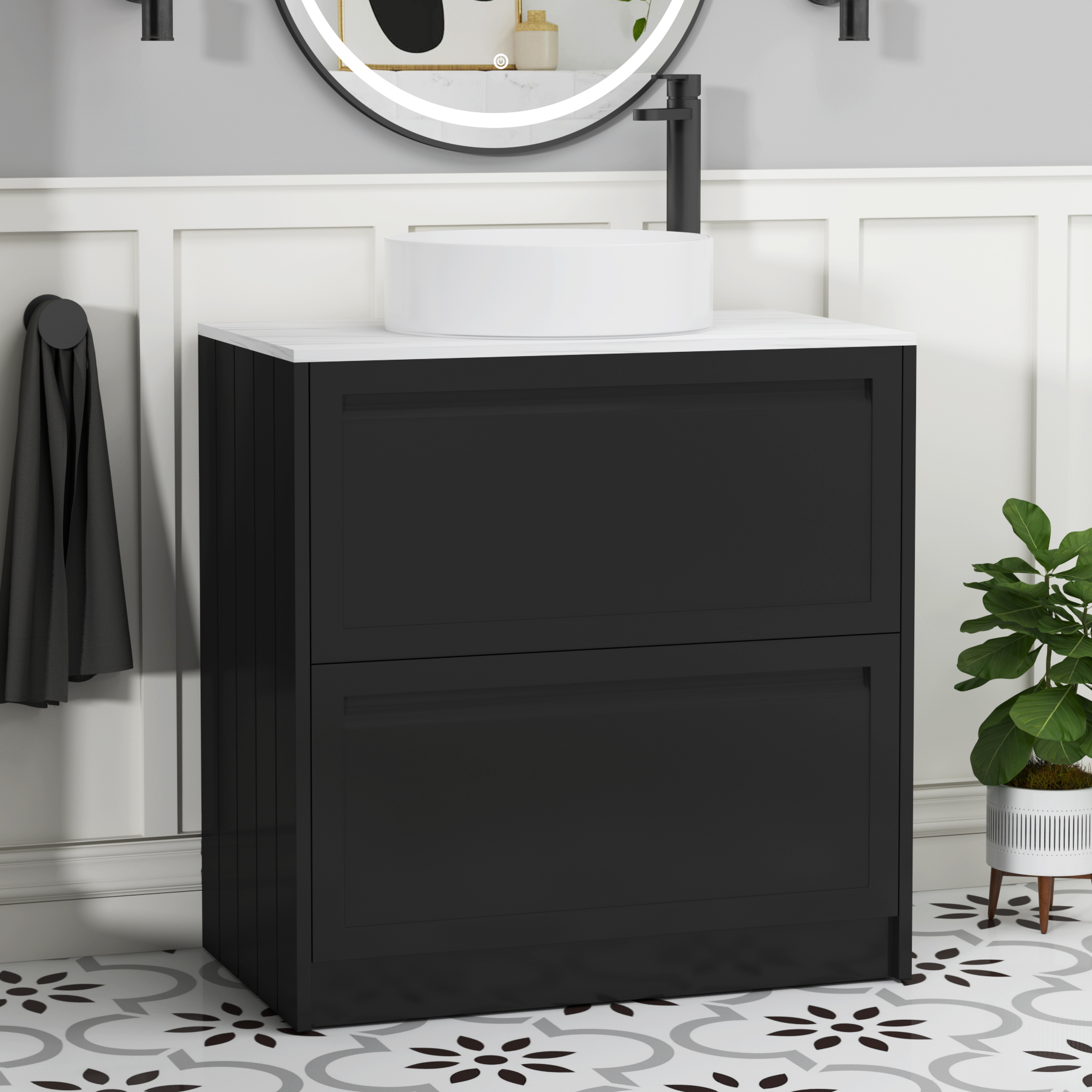 Elmore Matt Nocturne Black 2 Drawer Floor Standing Vanity Unit with Carrara White Worktop & Various Countertop Basins