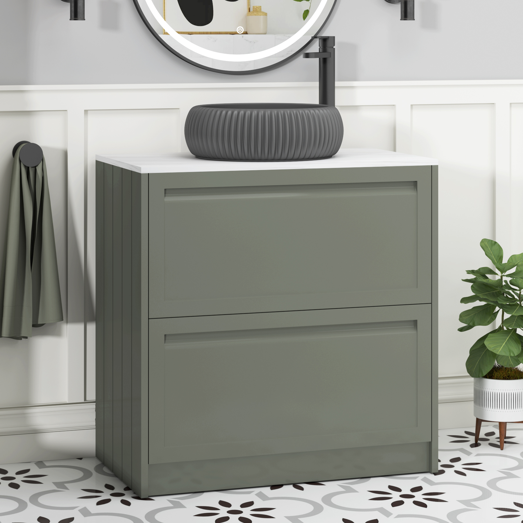 Elmore Matt Green 2 Drawer Floor Standing Vanity Unit with Carrara White Worktop & Various Countertop Basins