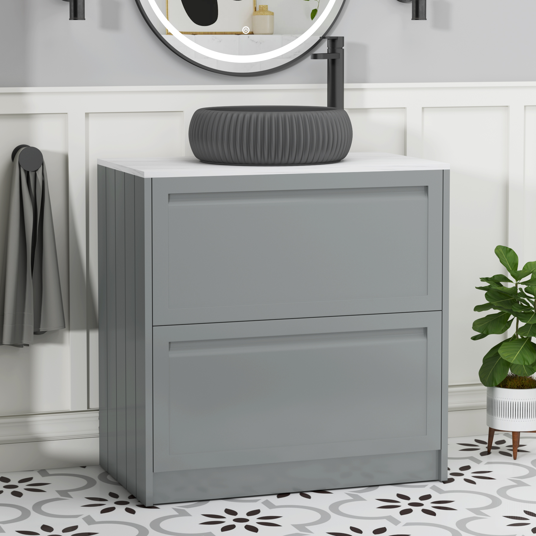 Elmore Matt Pebble Grey 2 Drawer Floor Standing Vanity Unit with Carrara White Worktop & Various Countertop Basins