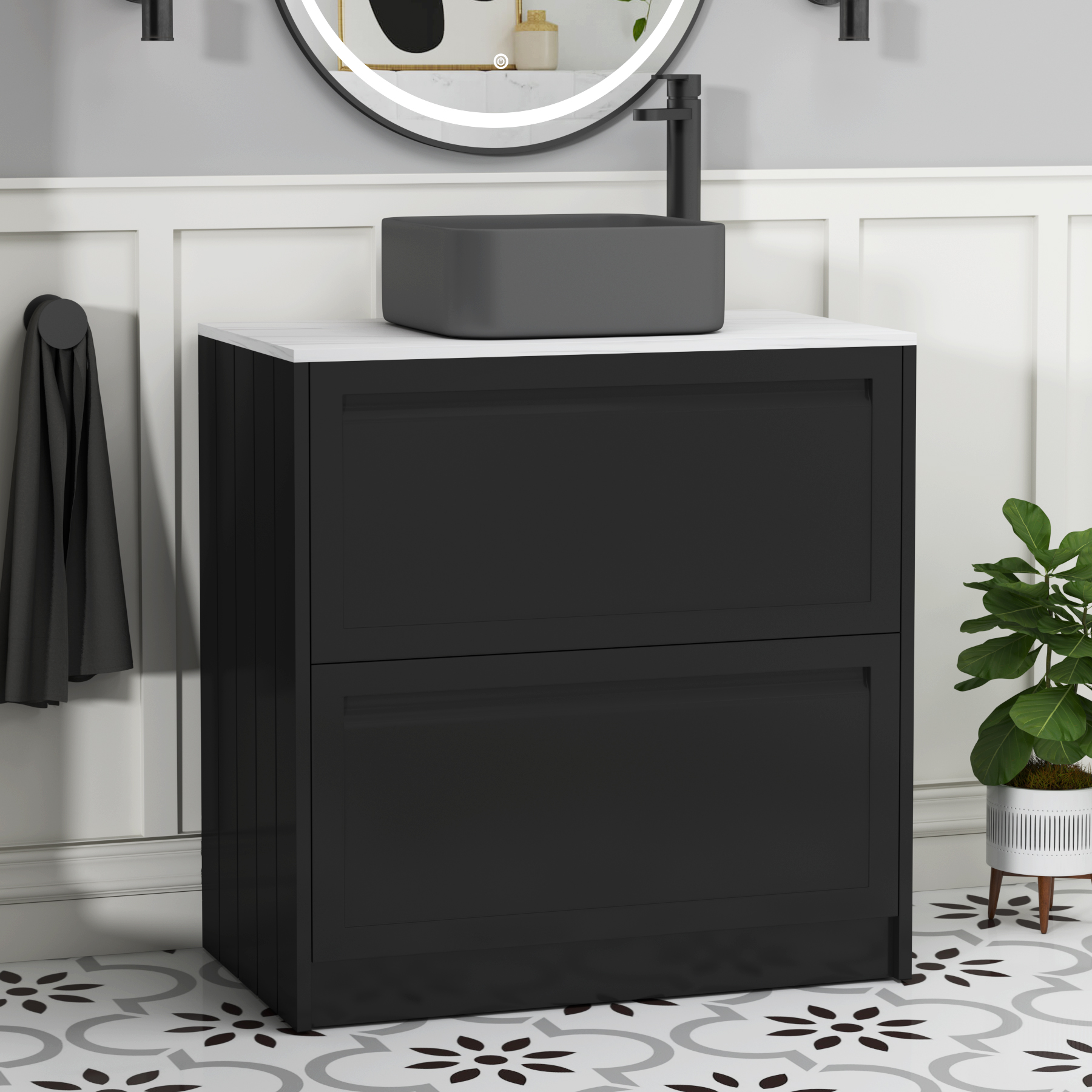 Elmore Matt Nocturne Black 2 Drawer Floor Standing Vanity Unit with Carrara White Worktop & Various Countertop Basins