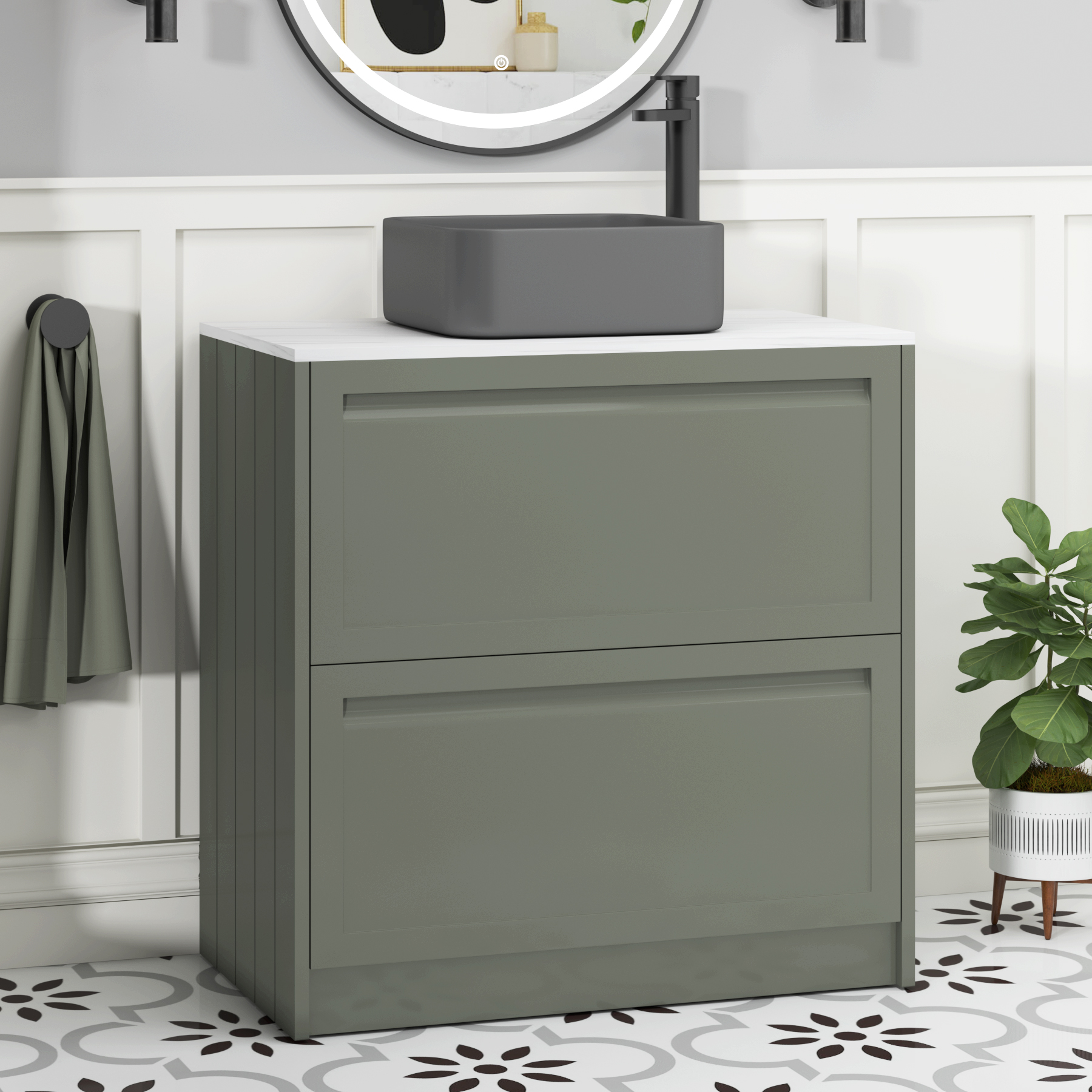 Elmore Matt Green 2 Drawer Floor Standing Vanity Unit with Carrara White Worktop & Various Countertop Basins